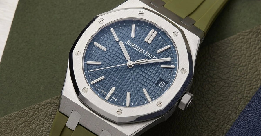 Audemars Piguet Royal Oak 41 with blue dial on a green rubber strap