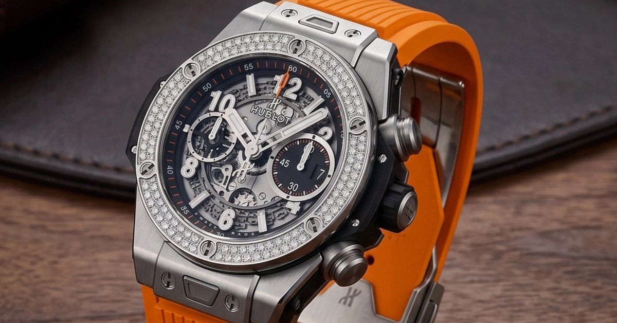 Hublot Big Bang Unico with diamond bezel on an orange rubber strap