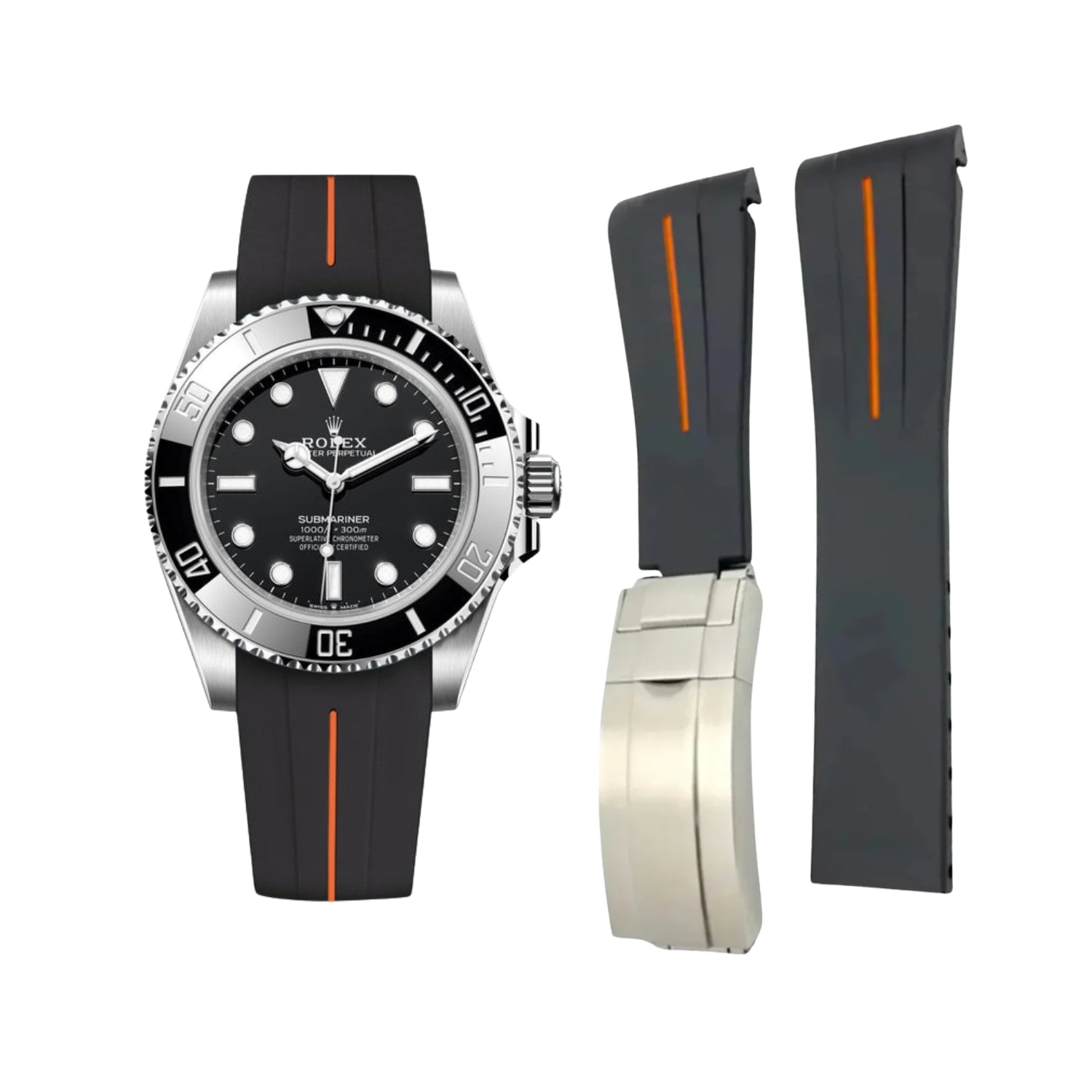 Deployant Rubber Strap - For Rolex Submariner - Black w/Orange Line | LuxLine®