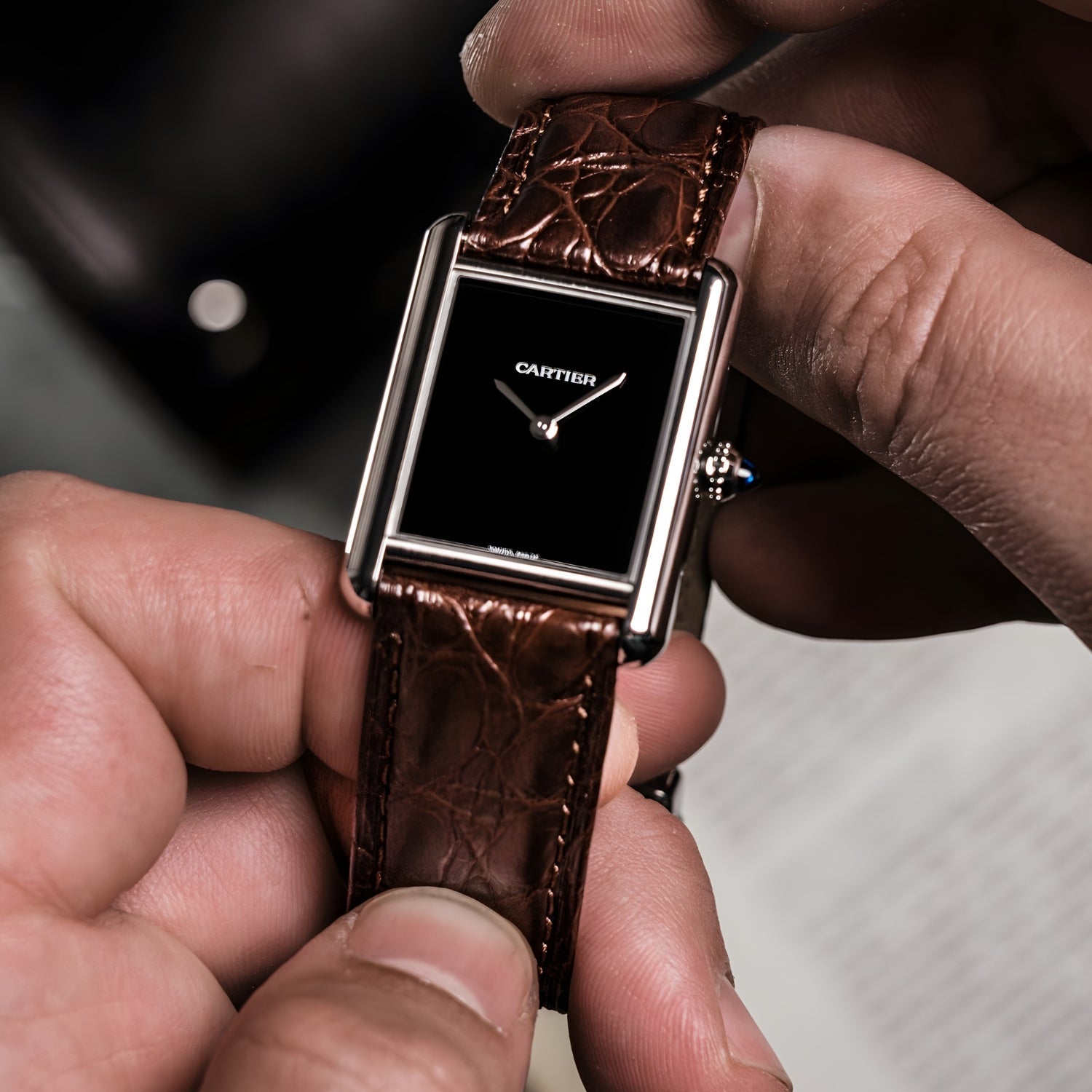 Crocodile Leather Strap for Cartier Tank / Tank Solo / Tank Must – Brown - Helvetus