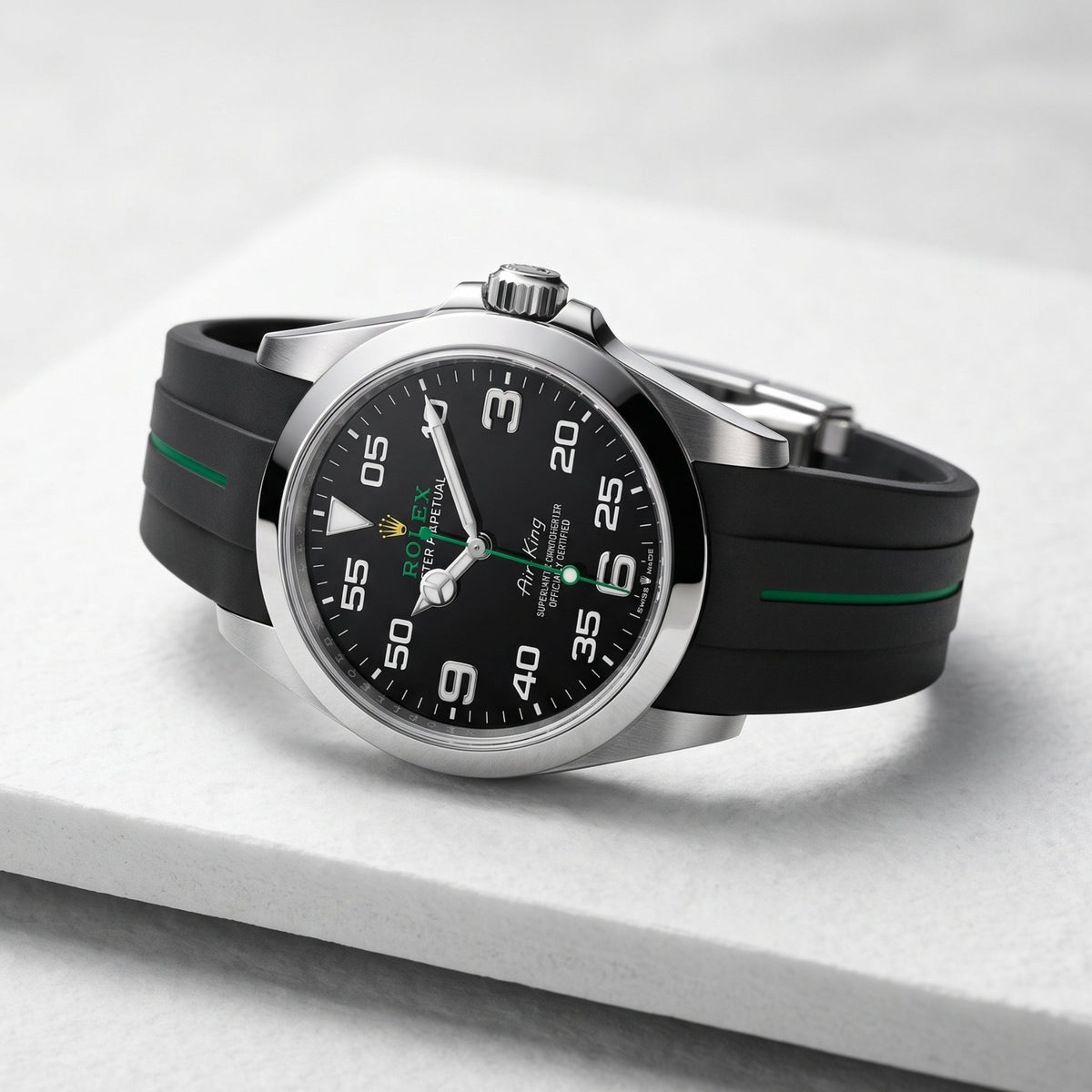 Deployant Rubber Strap - For Rolex Air-King 126900/116900 - Black/Green | LuxLine® - Helvetus