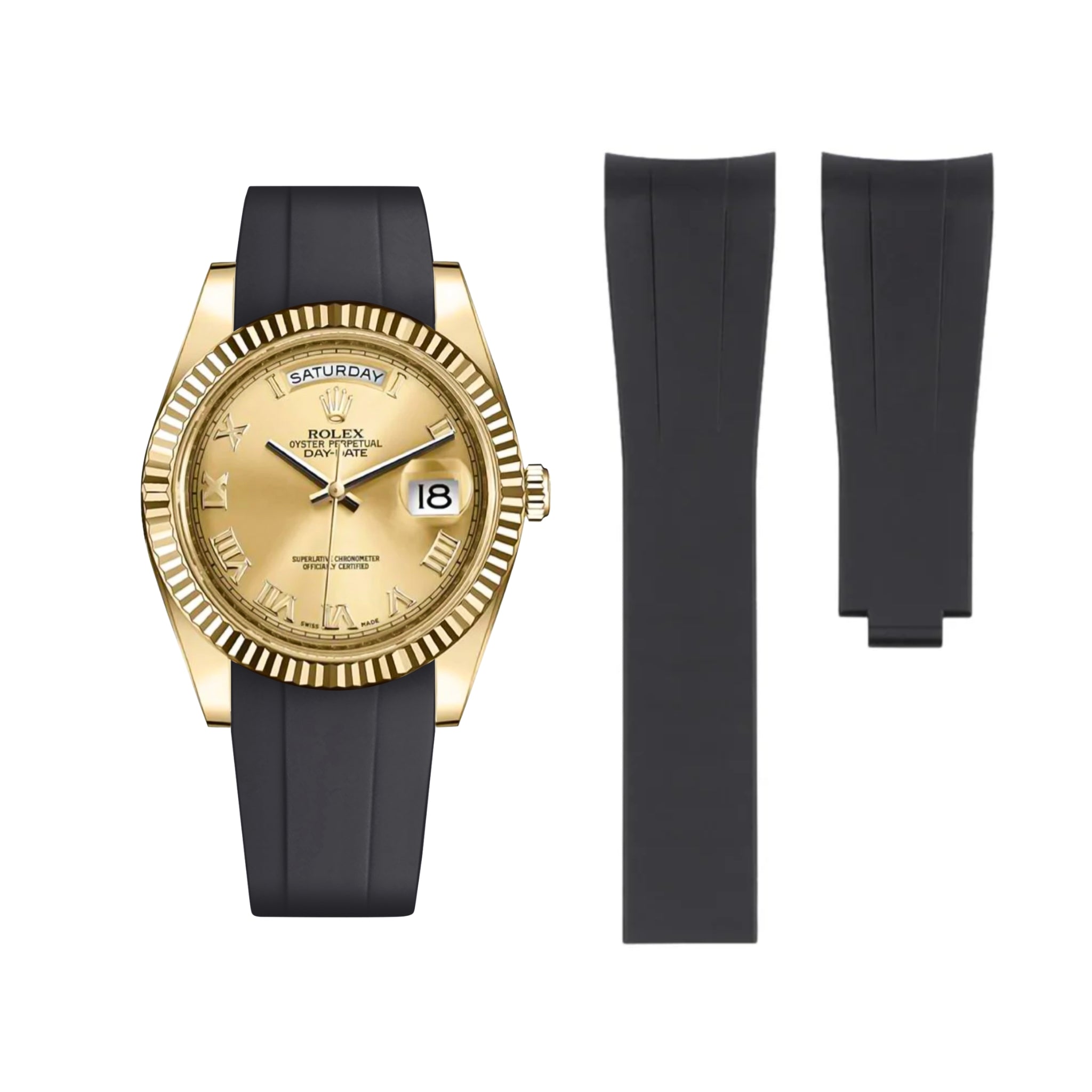 Deployant Rubber Strap - For Rolex Day - Date II 41mm - Black - Helvetus