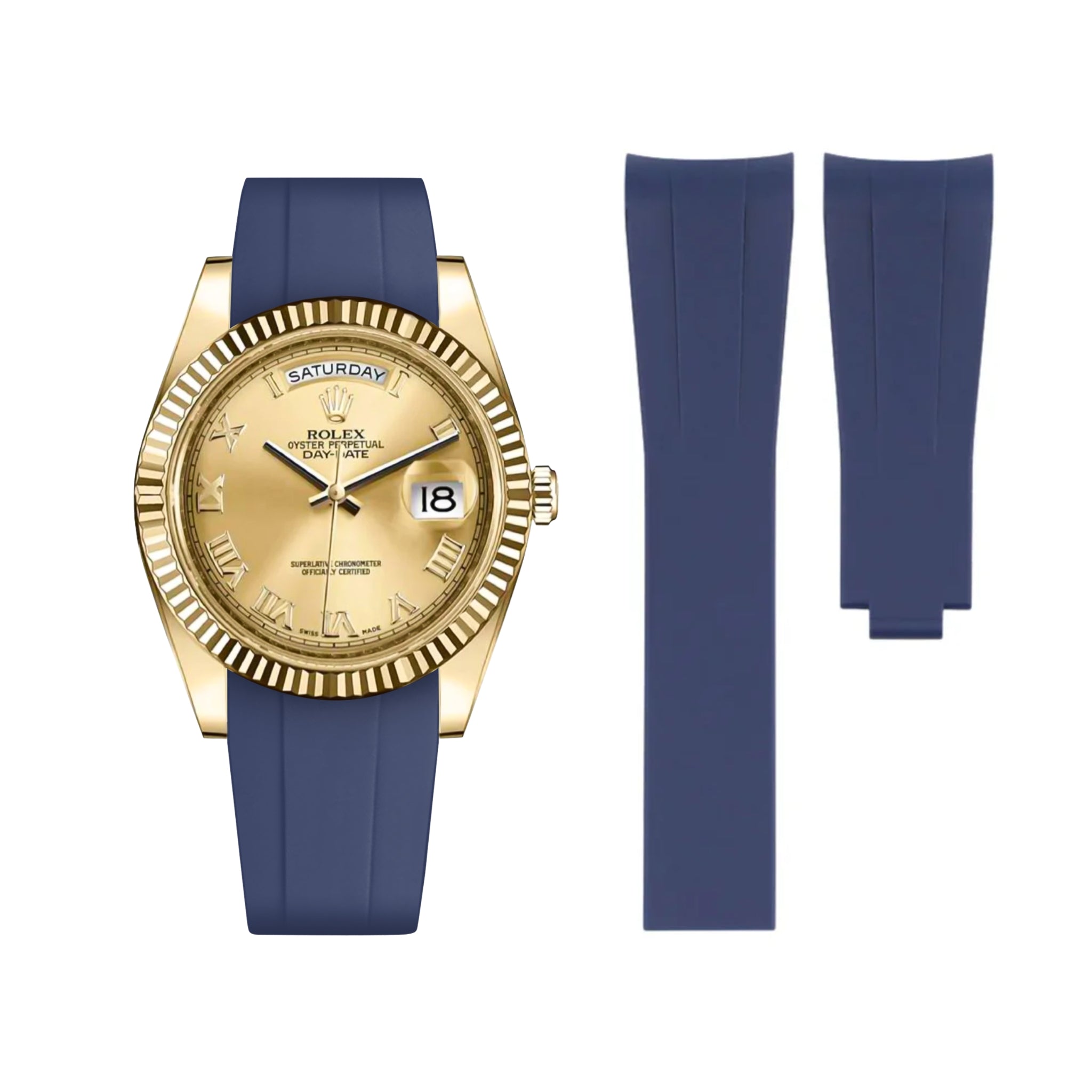 Deployant Rubber Strap - For Rolex Day - Date II 41mm - Navy Blue - Helvetus