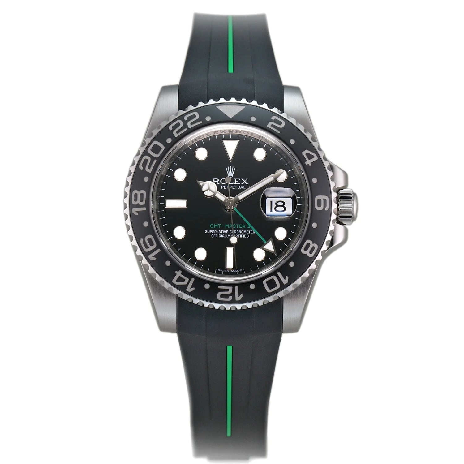 Deployant Rubber Strap - For Rolex GMT - Master II - Black w/Green Line | LuxLine® - Helvetus
