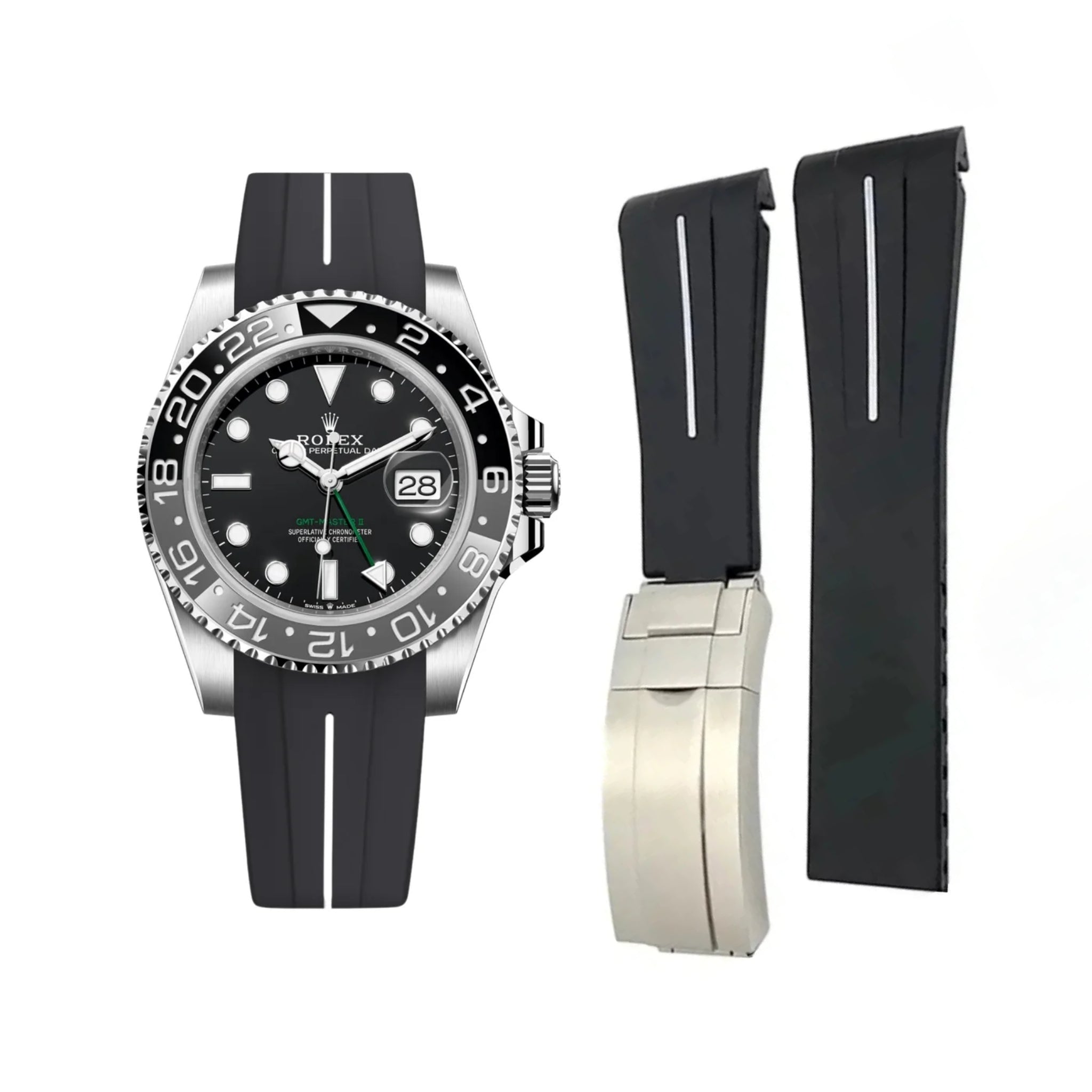 Deployant Rubber Strap - For Rolex GMT - Master II - Black w/White Line | LuxLine® - Helvetus