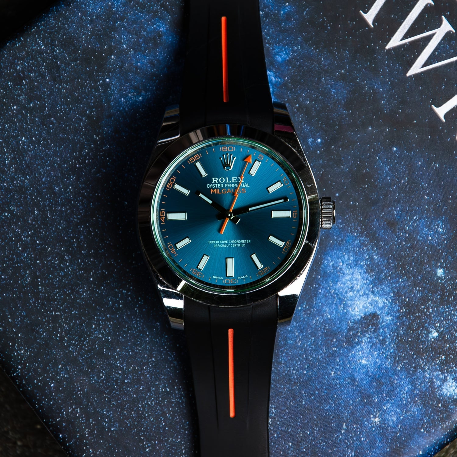 Deployant Rubber Strap - For Rolex Milgauss - Black w/Orange Line | LuxLine® - Helvetus