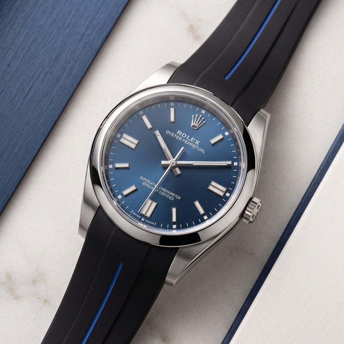 Deployant Rubber Strap - For Rolex Oyster Perpetual 36mm - Black w/Blue Line | LuxLine® - Helvetus