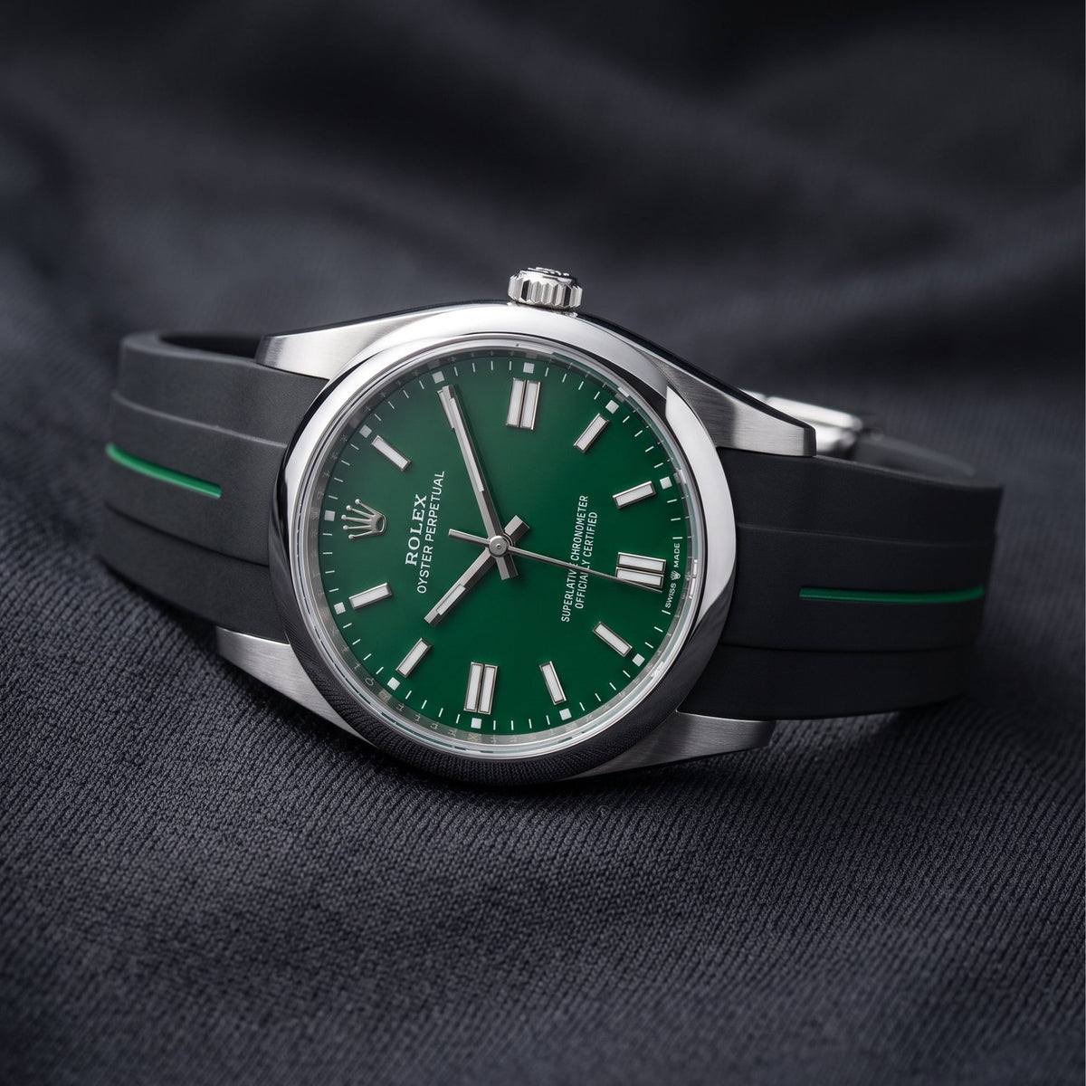 Deployant Rubber Strap - For Rolex Oyster Perpetual 36mm - Black w/Green Line | LuxLine® - Helvetus