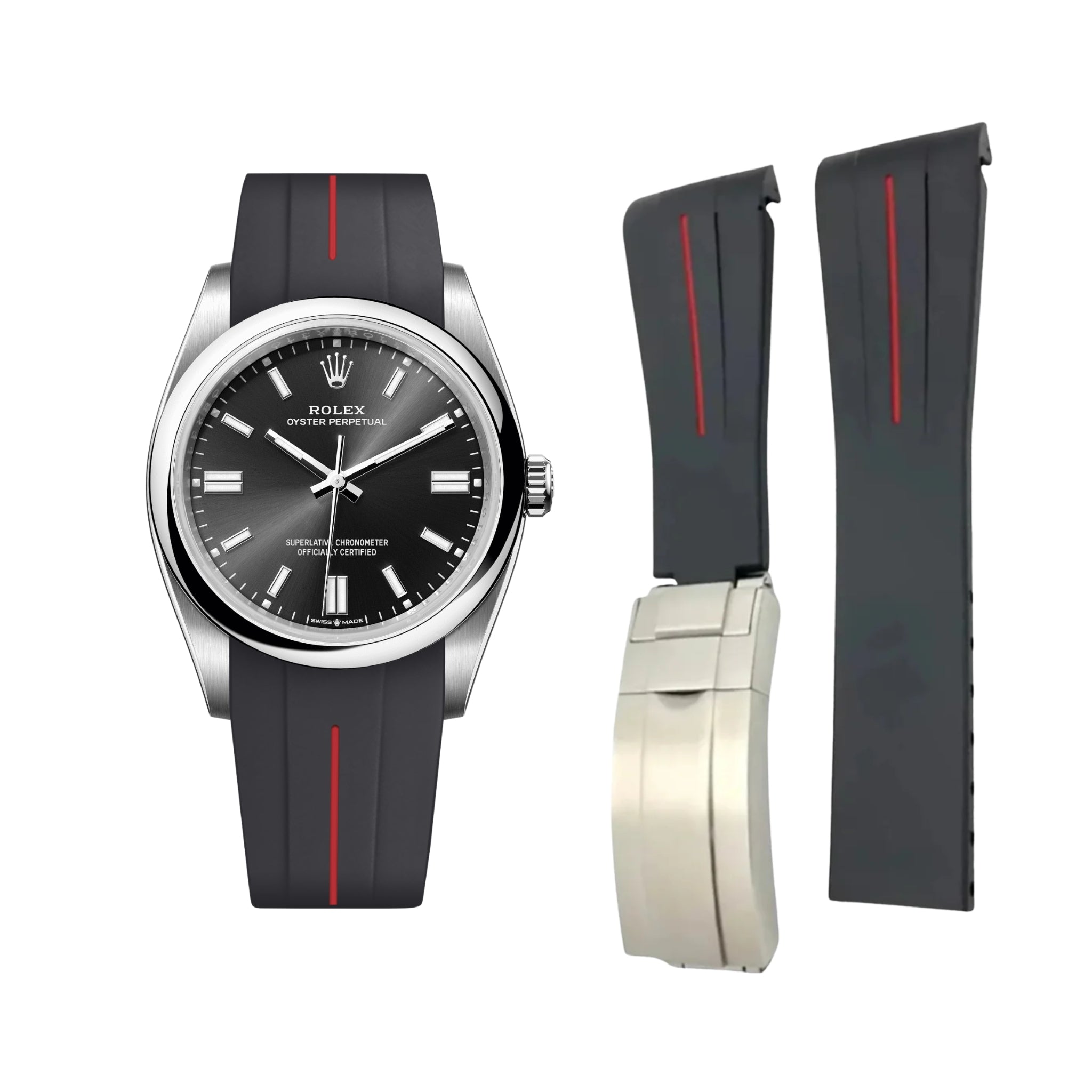 Deployant Rubber Strap - For Rolex Oyster Perpetual 36mm - Black w/Red Line | LuxLine® - Helvetus