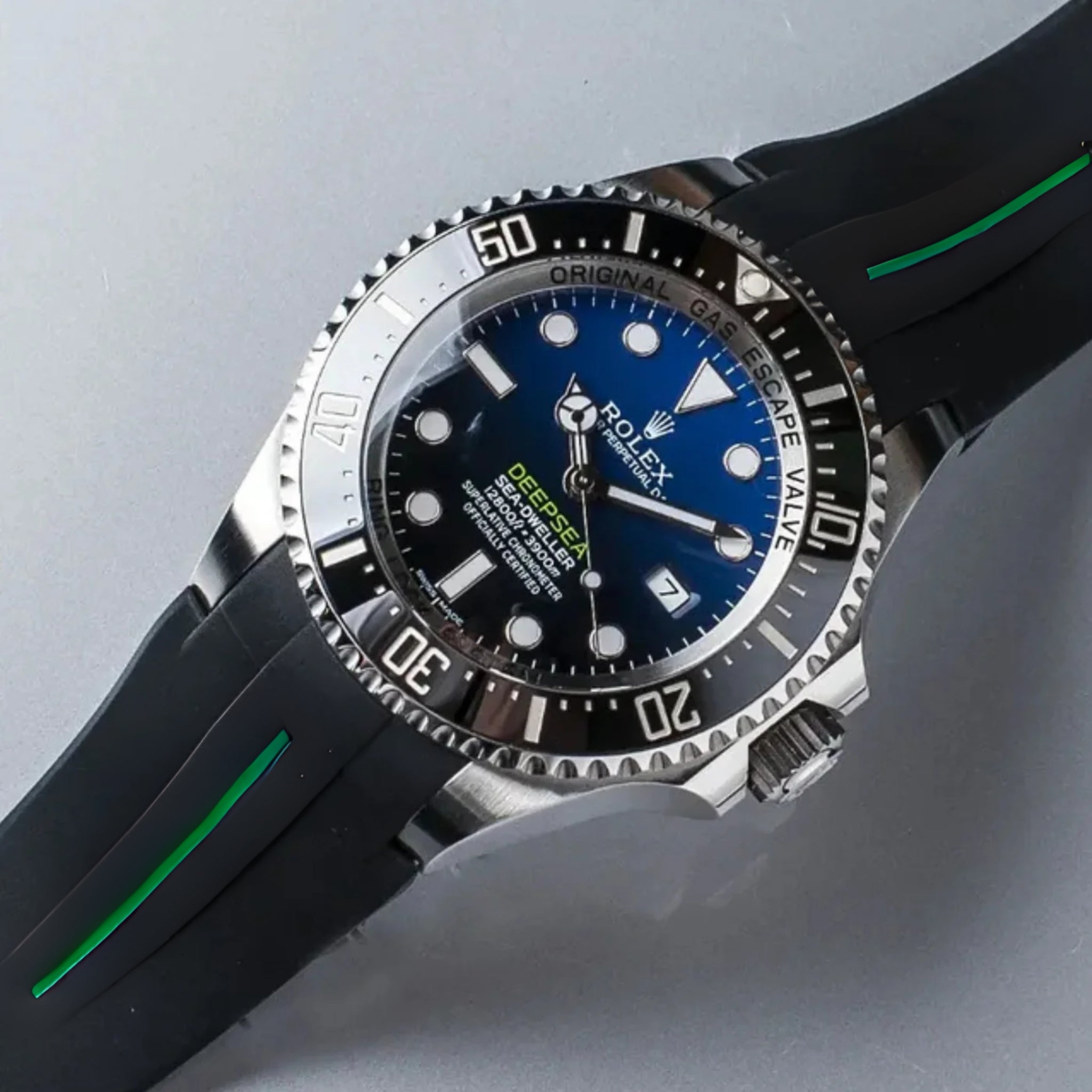 Deployant Rubber Strap - For Rolex Sea - Dweller Deepsea - Black w/Green Line | LuxLine® - Helvetus