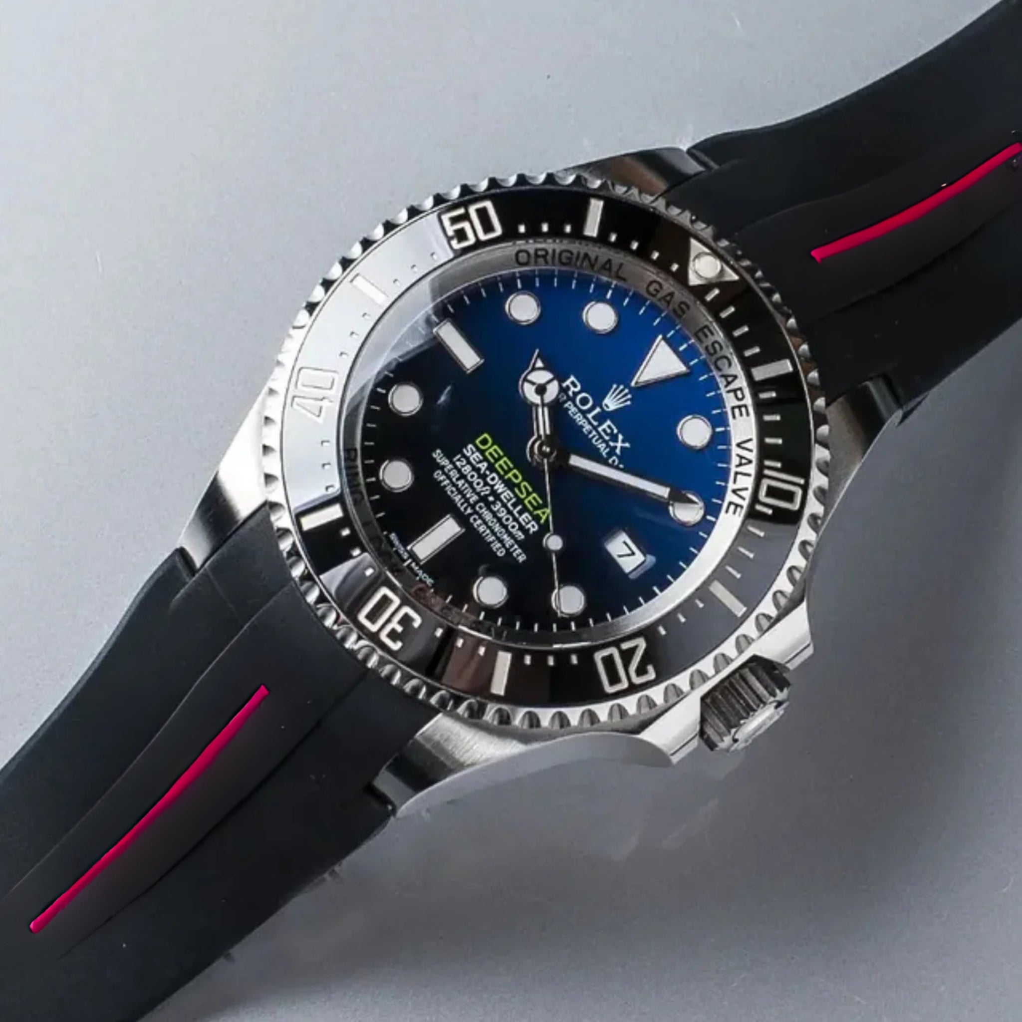 Deployant Rubber Strap - For Rolex Sea - Dweller Deepsea - Black w/Red Line | LuxLine® - Helvetus
