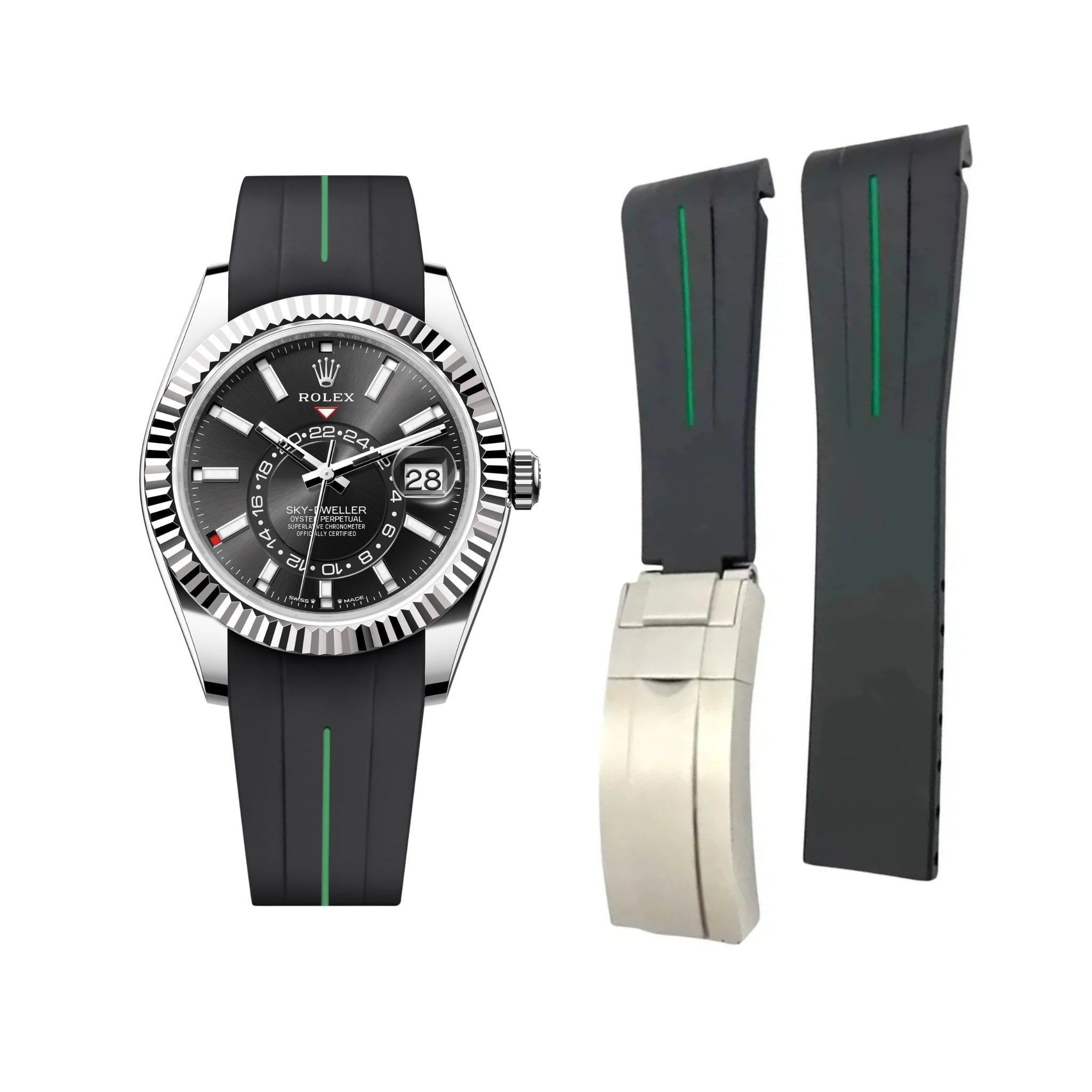 Deployant Rubber Strap - For Rolex Sky - Dweller - Black w/Green Line | LuxLine® - Helvetus