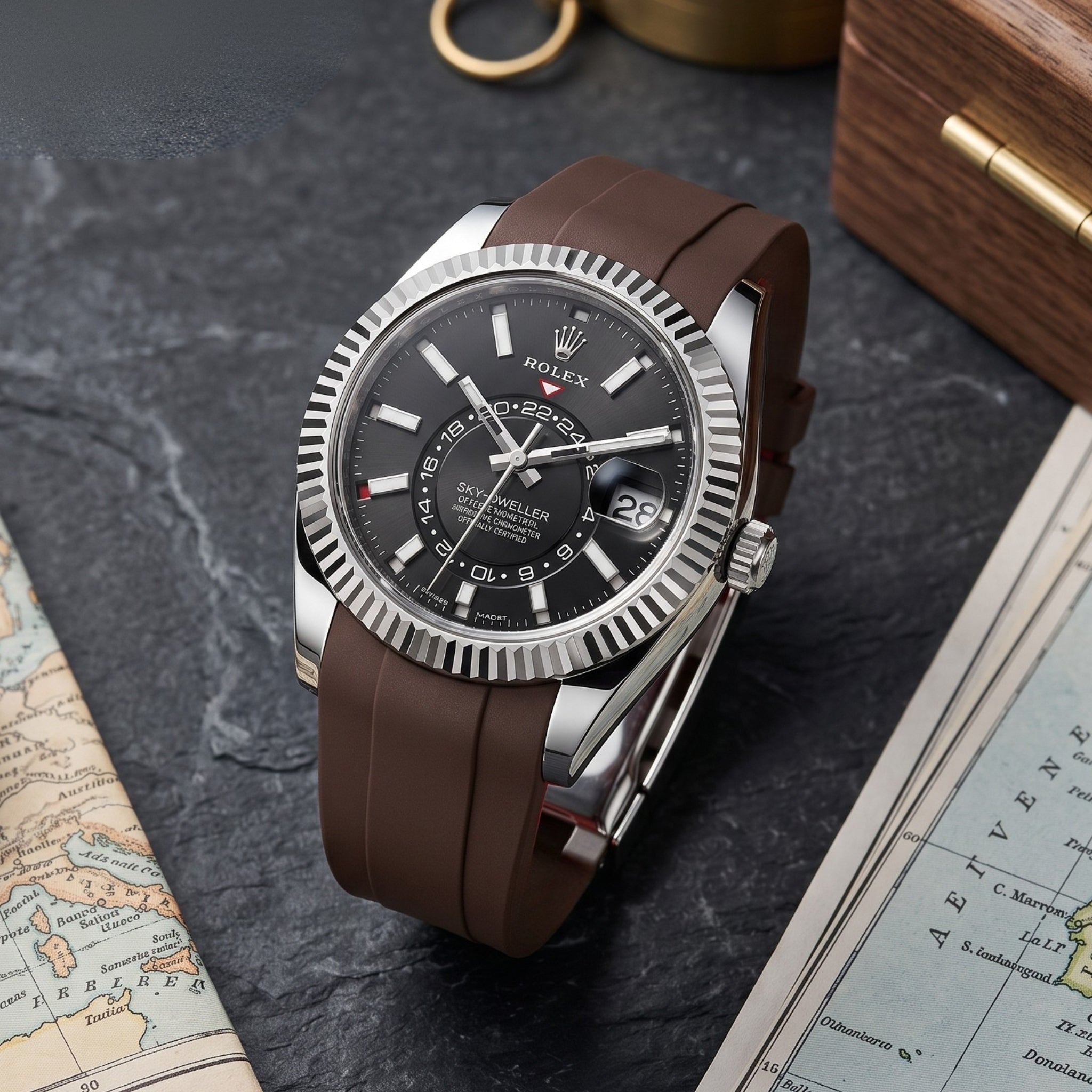 Deployant Rubber Strap - For Rolex Sky-Dweller - Brown - Helvetus