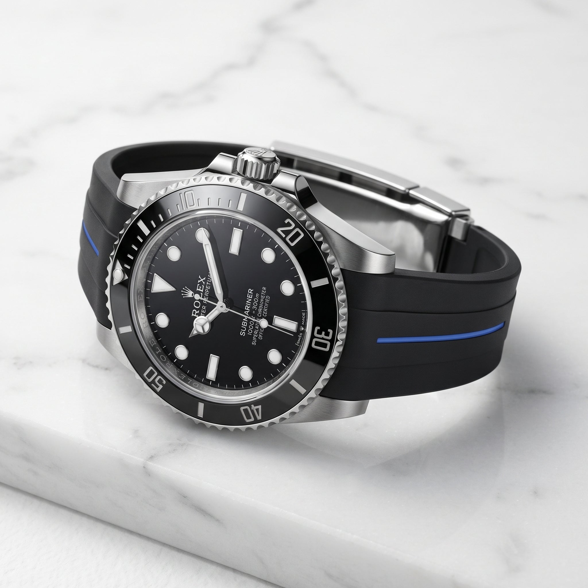 Deployant Rubber Strap - For Rolex Submariner - Black w/Blue Line | LuxLine® - Helvetus