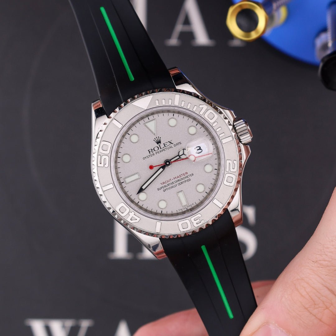 Deployant Rubber Strap - For Rolex Yacht - Master 40mm/42mm - Black w/Green Line | LuxLine® - Helvetus
