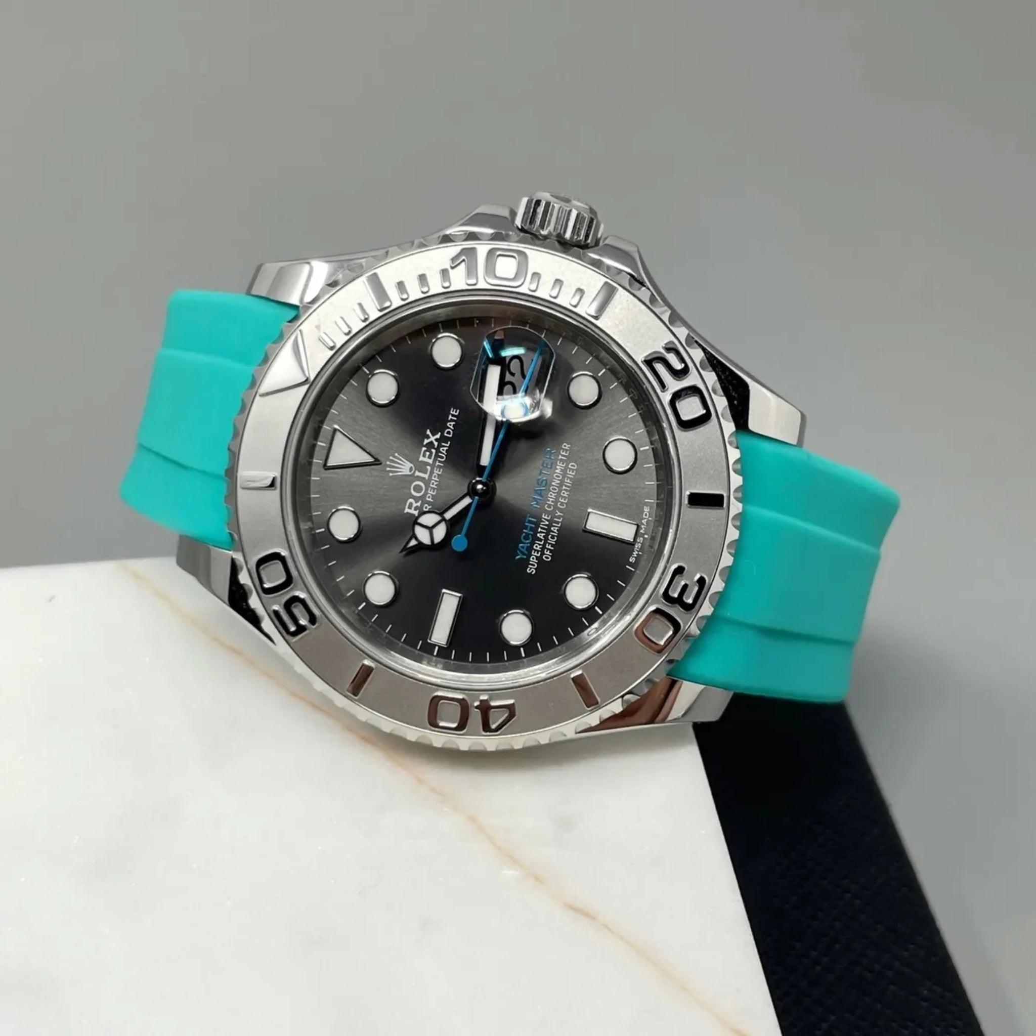 Deployant Rubber Strap - For Rolex Yacht - Master 40mm/42mm - Turquoise - Helvetus