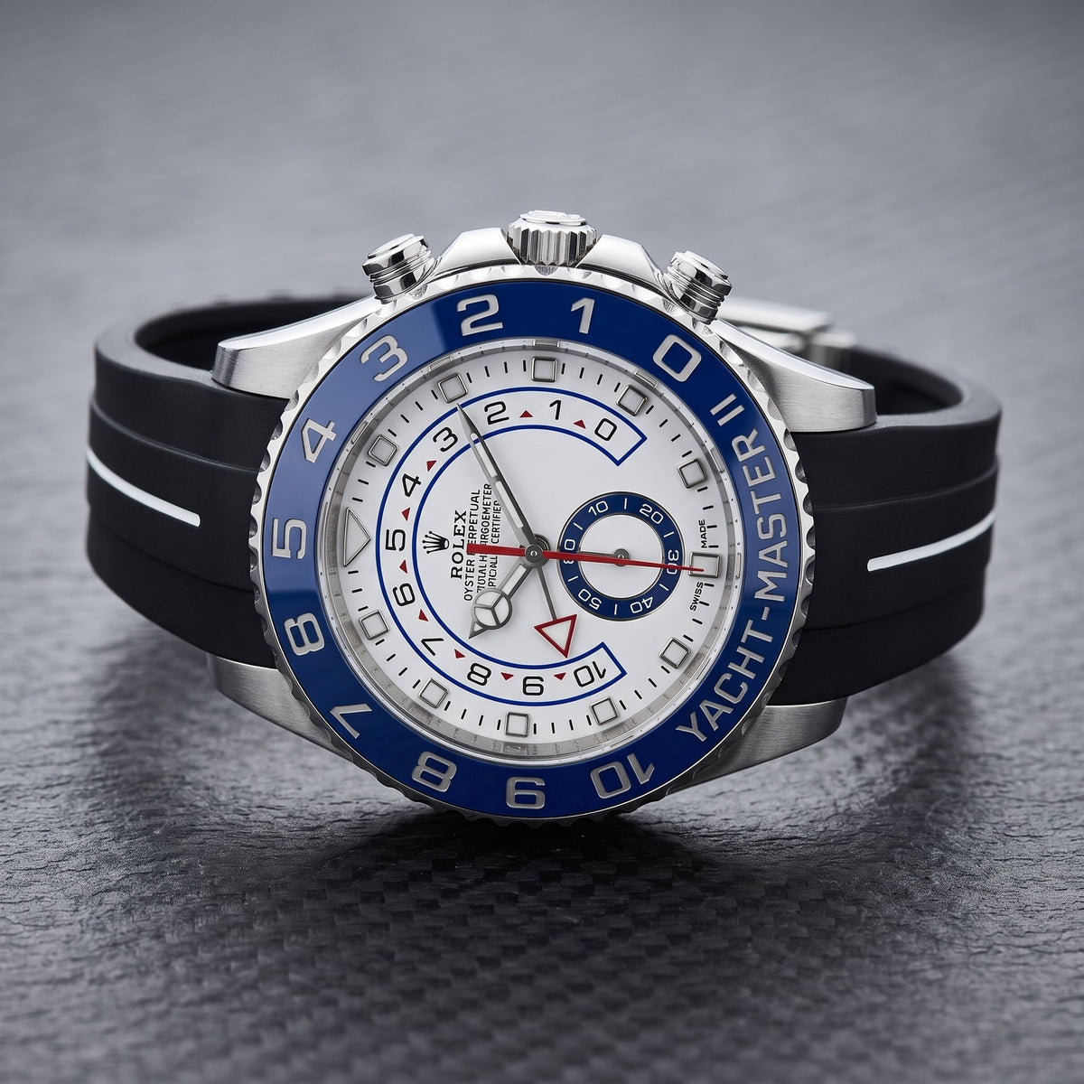 Deployant Rubber Strap - For Rolex Yacht-Master II 44mm - Black w/White Line | LuxLine® - Helvetus