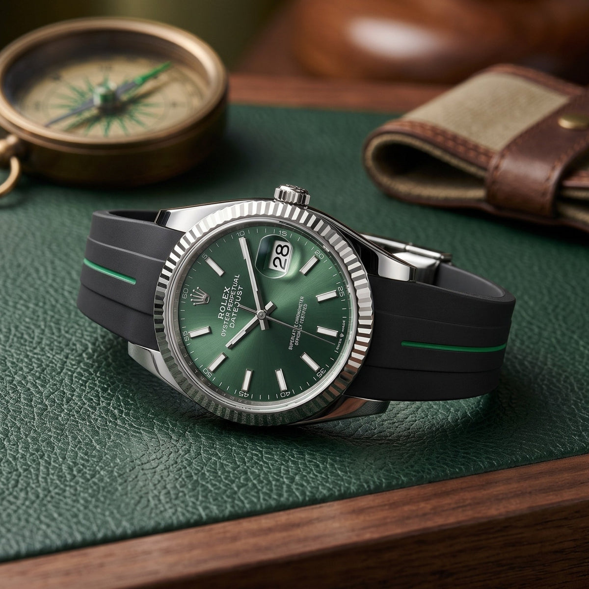 Deployant Strap - For Rolex Datejust 36 - Black w/Green Line | LuxLine® - Helvetus
