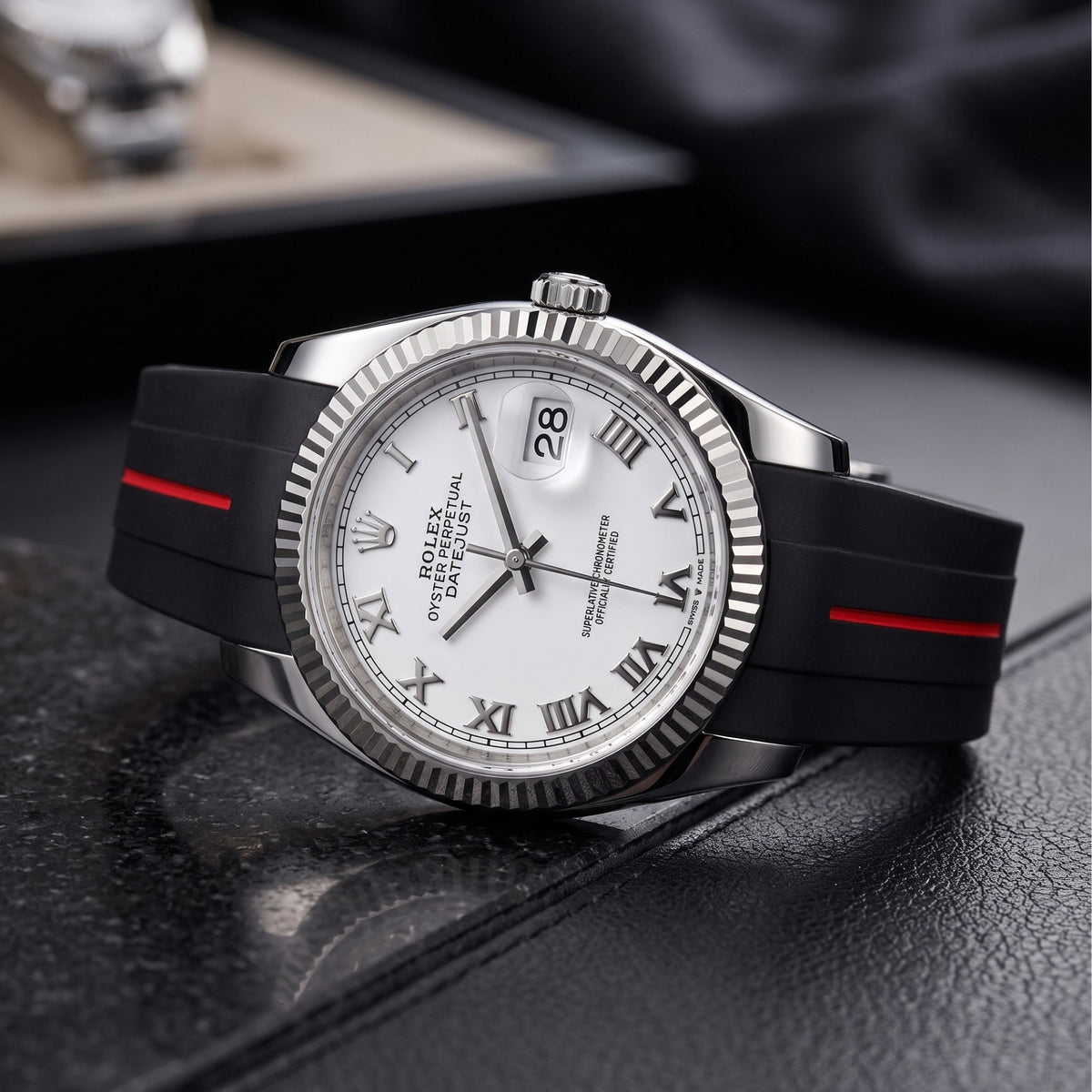 Deployant Strap - For Rolex Datejust 36 - Black w/Red Line | LuxLine® - Helvetus