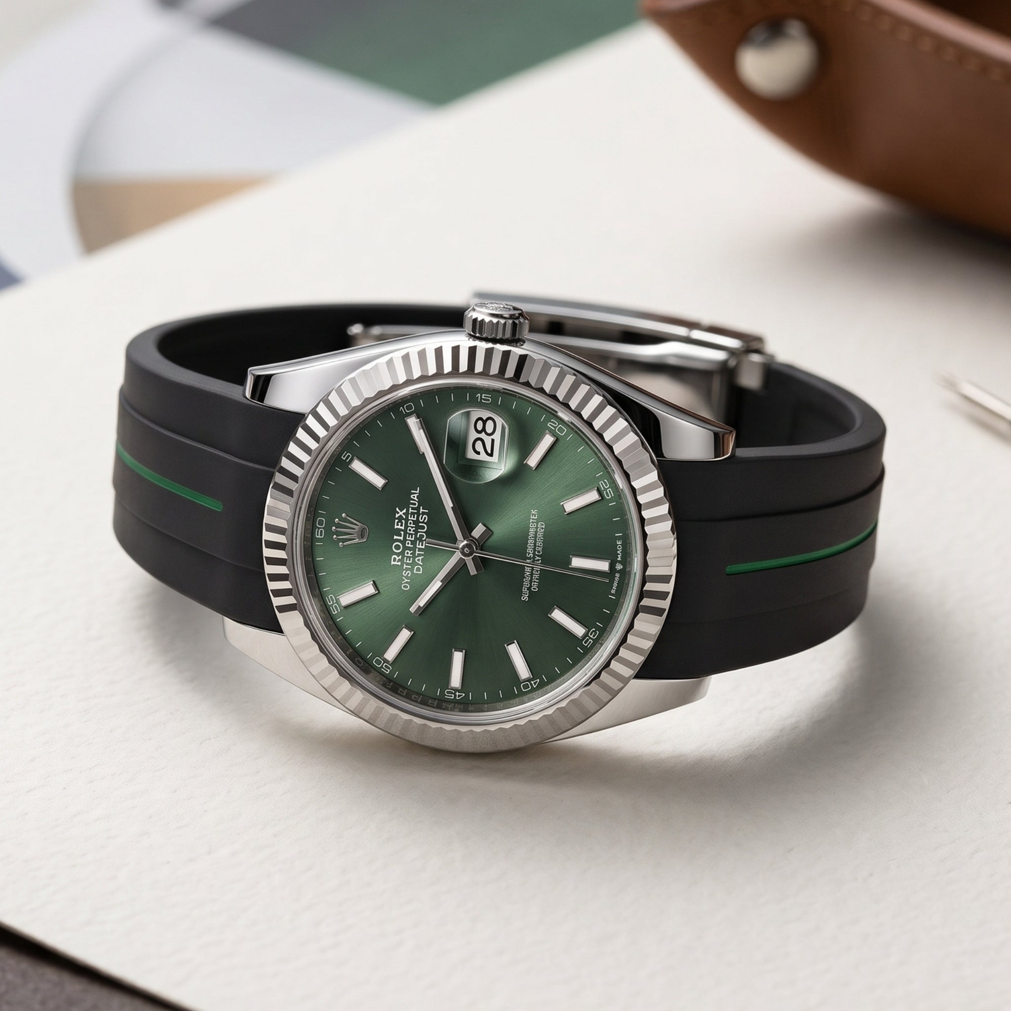 Deployant Strap - For Rolex Datejust 41mm - Black w/Green Line | LuxLine® - Helvetus