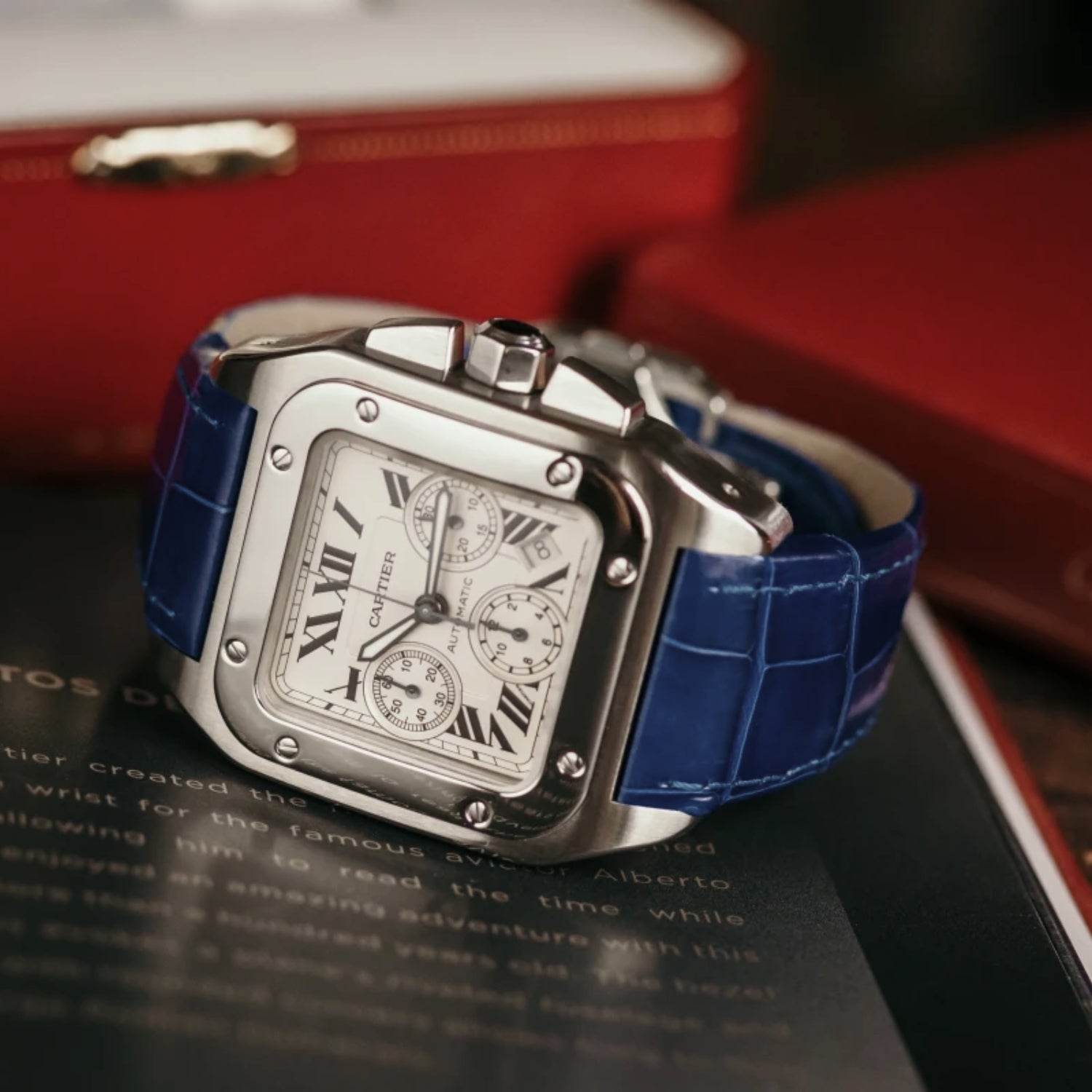 Leather Strap - For Cartier Santos 100 - Blue - Helvetus