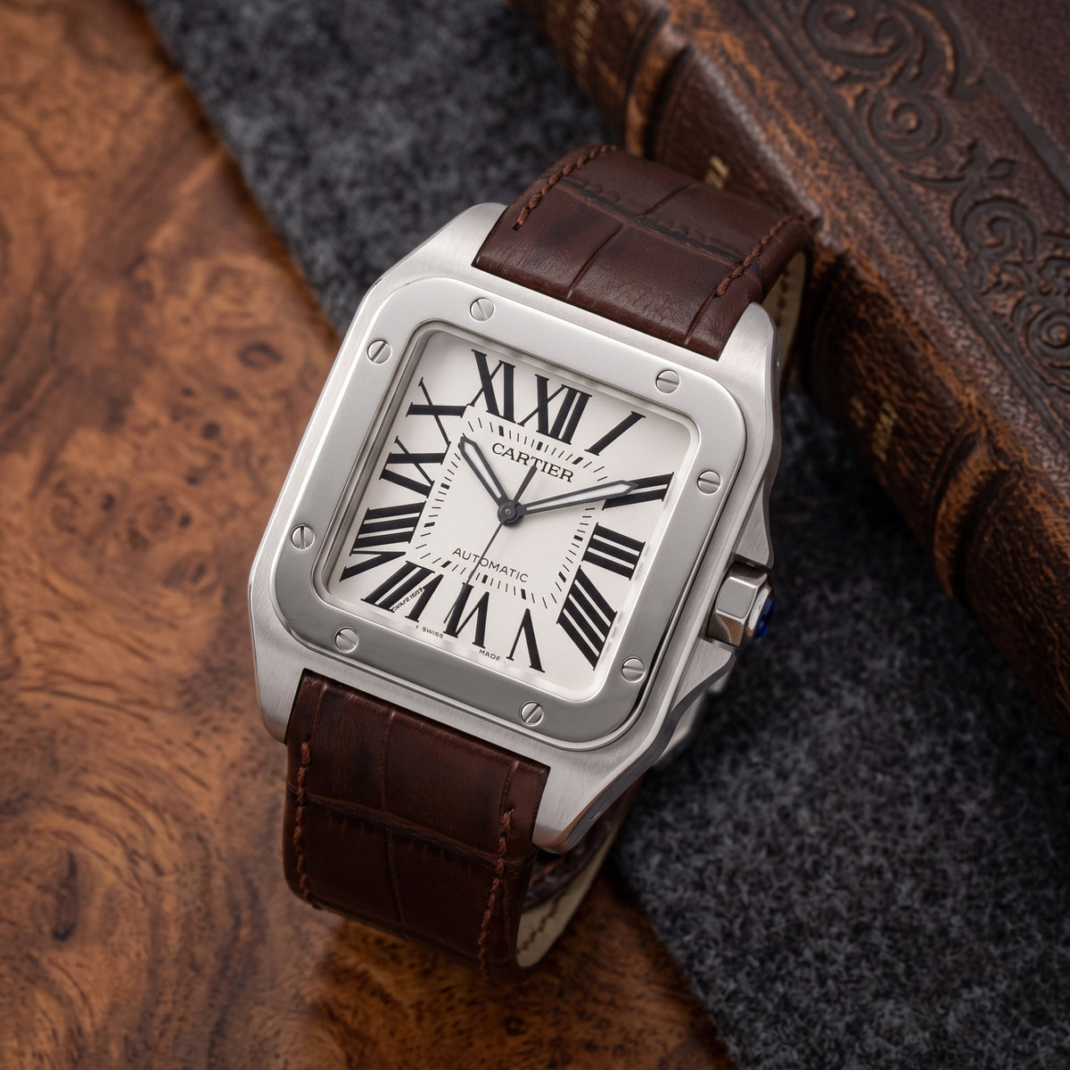 Leather Strap - For Cartier Santos 100 - Brown - Helvetus