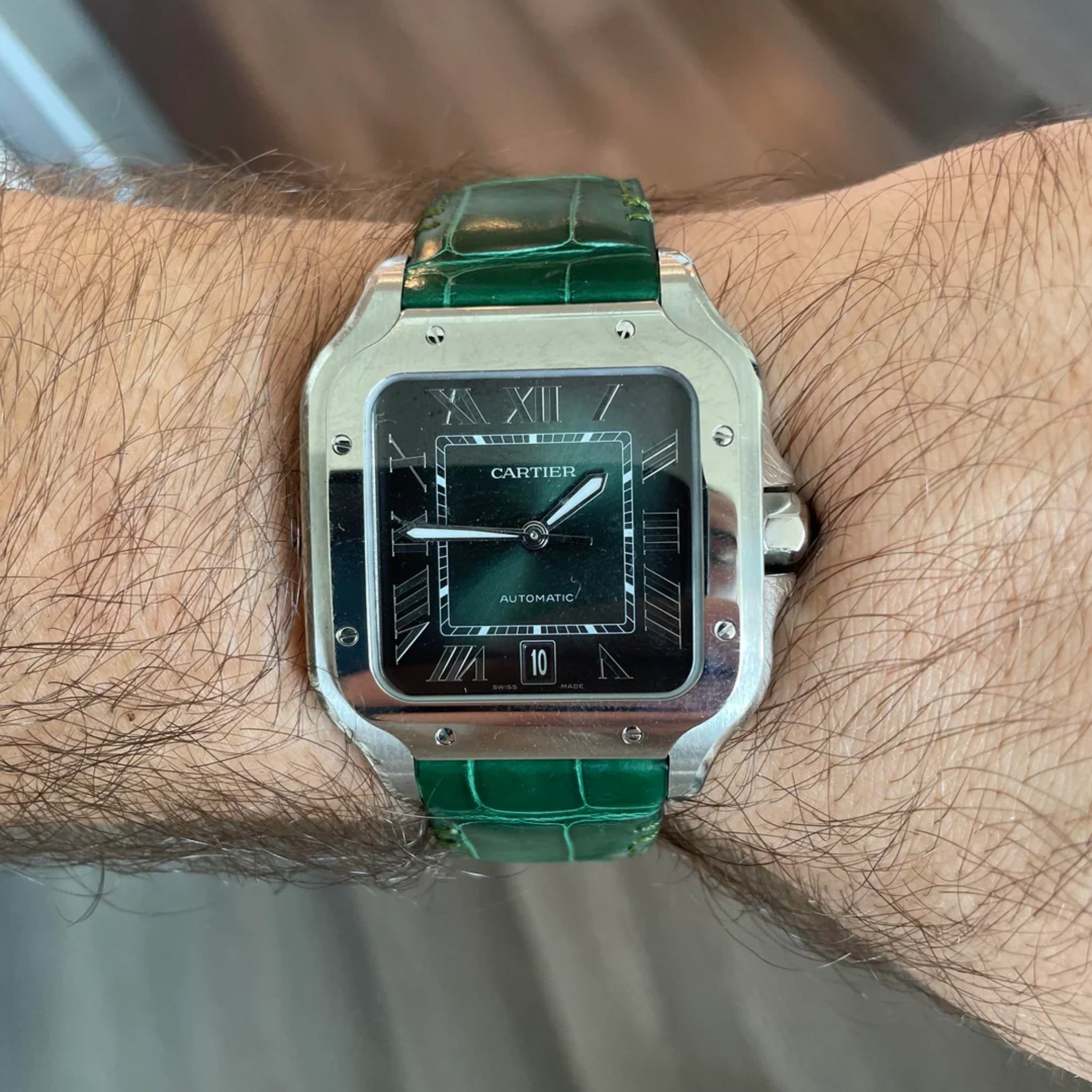 Leather Strap - For Cartier Santos 100 - Green - Helvetus