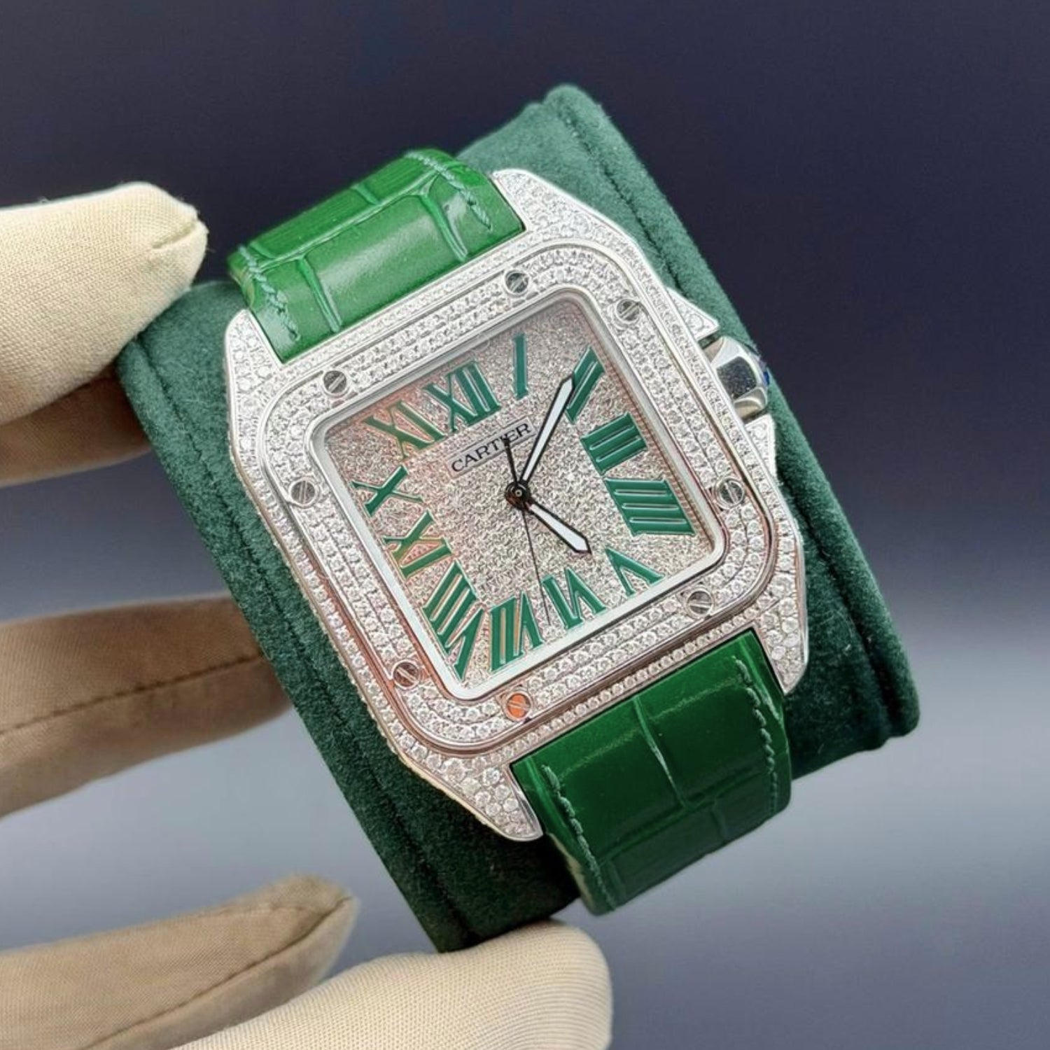 Leather Strap - For Cartier Santos 100 - Green - Helvetus