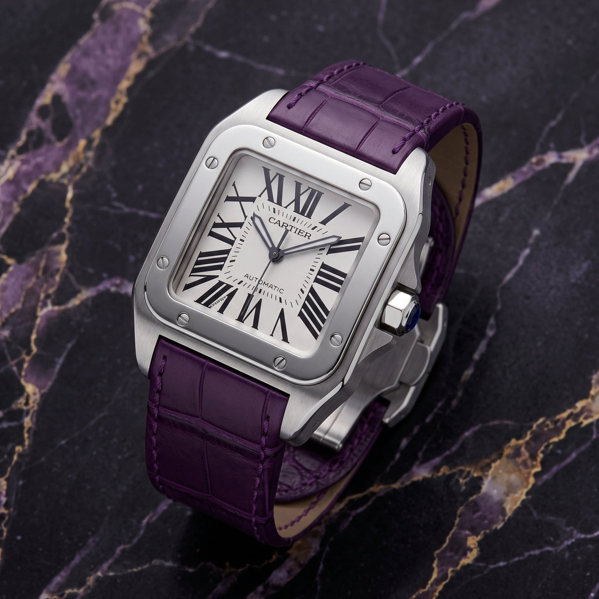 Leather Strap - For Cartier Santos 100 - Purple - Helvetus