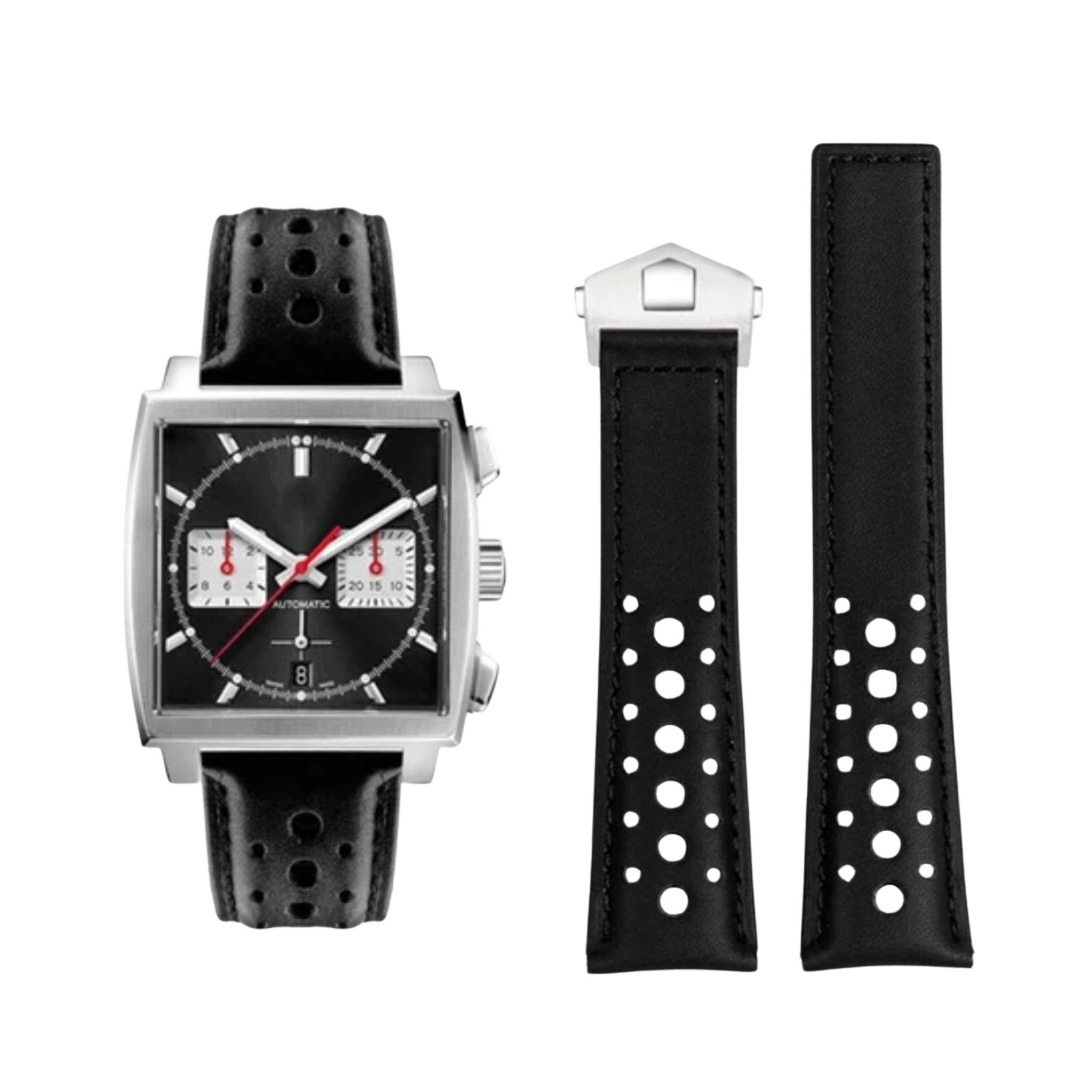 Leather Strap - For Tag Heuer Monaco - Black with big Holes - Helvetus