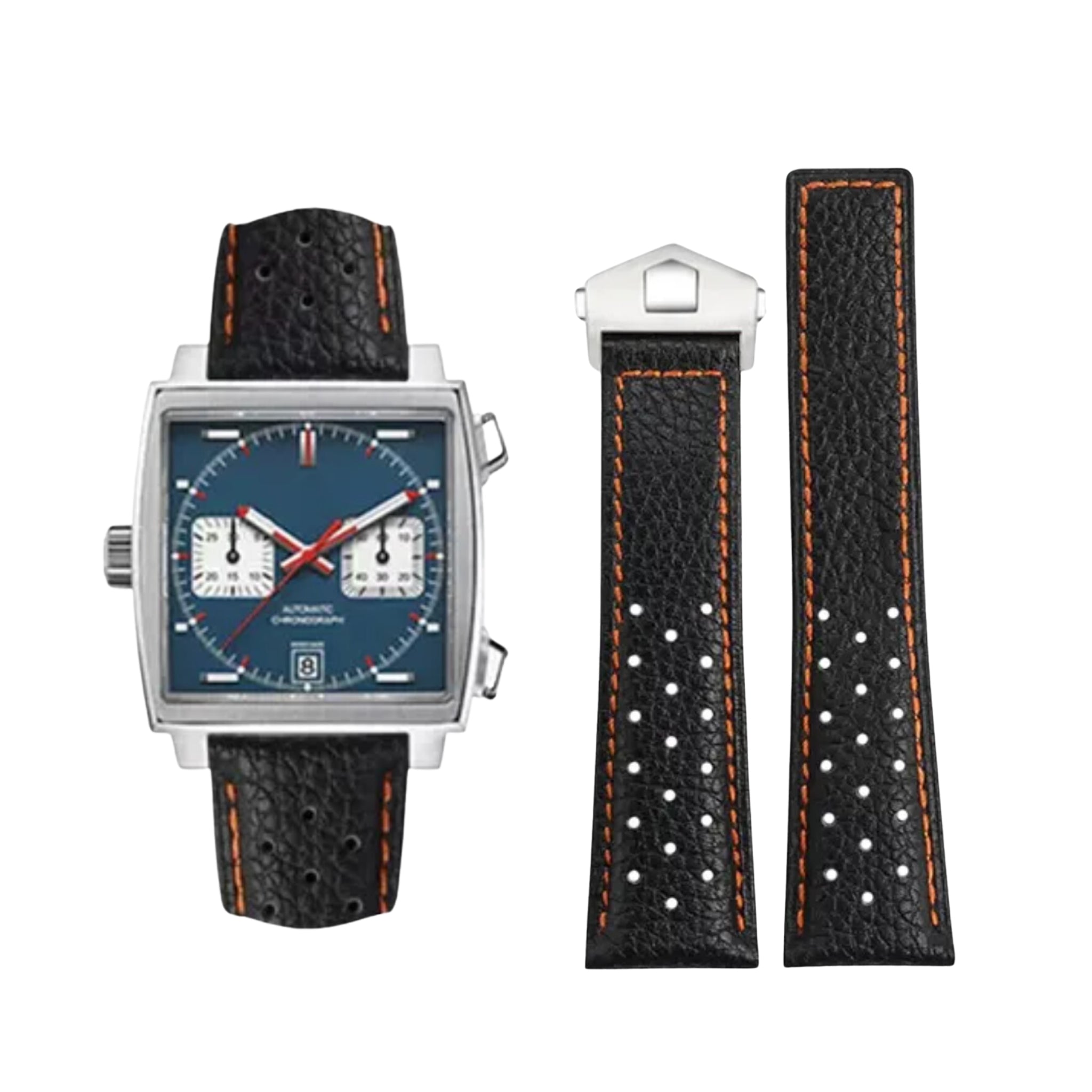 Leather Strap - For Tag Heuer Monaco - Black/Orange - Helvetus