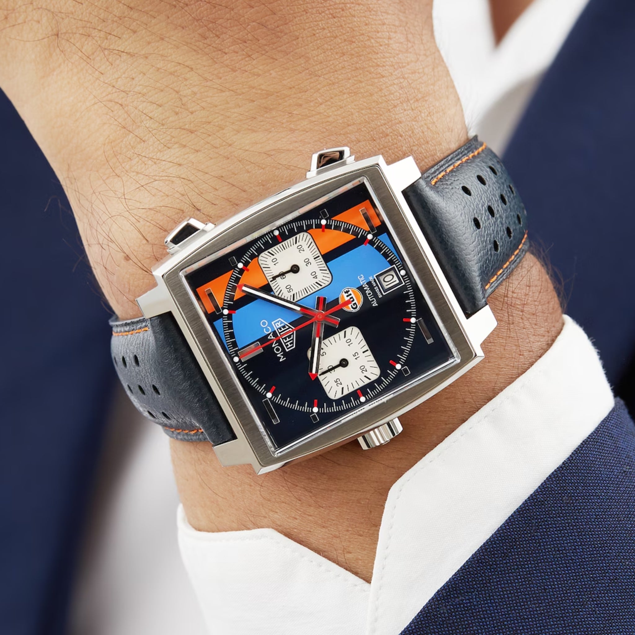 Leather Strap - For Tag Heuer Monaco - Blue/Orange - Helvetus