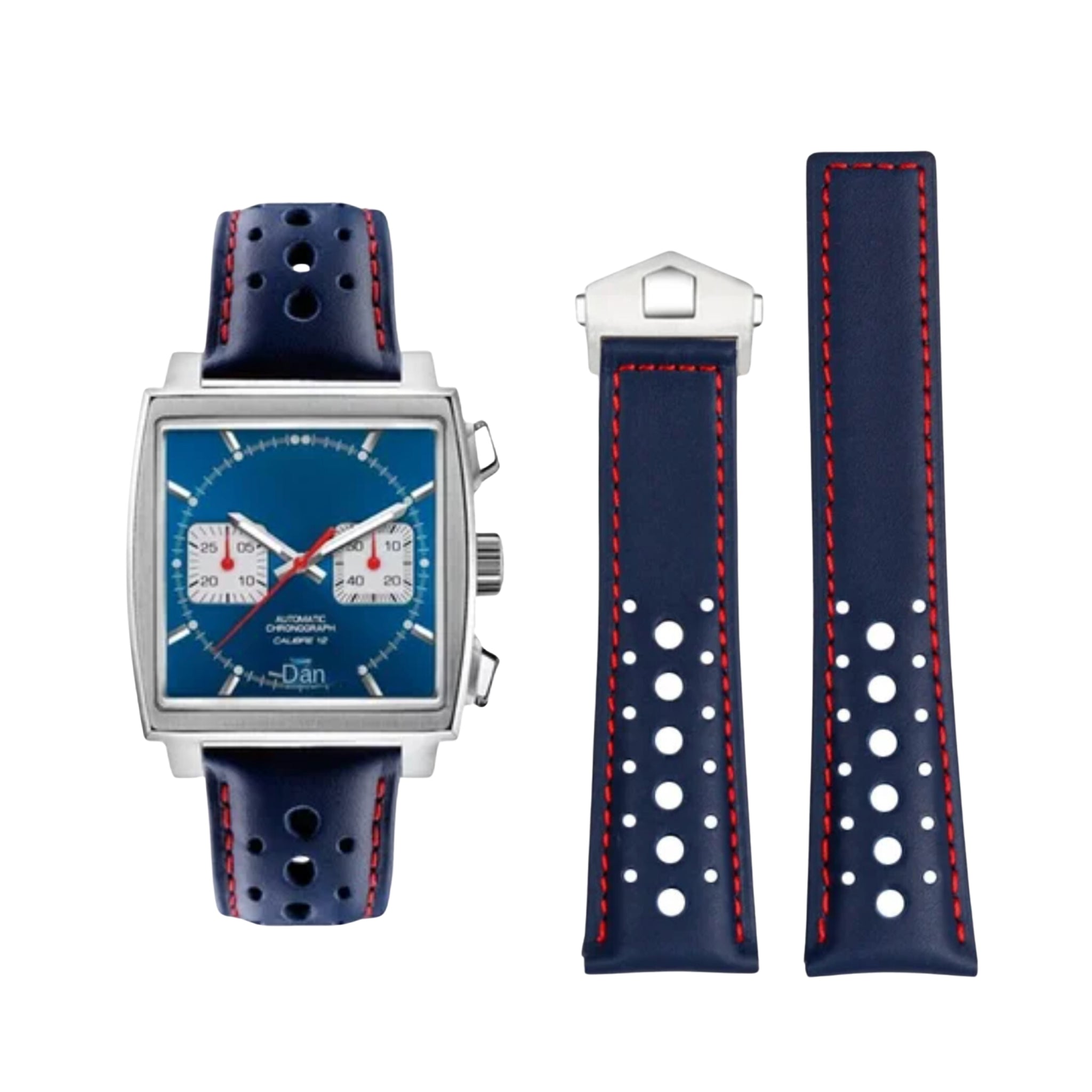 Leather Strap - For Tag Heuer Monaco - Blue/Red - Helvetus