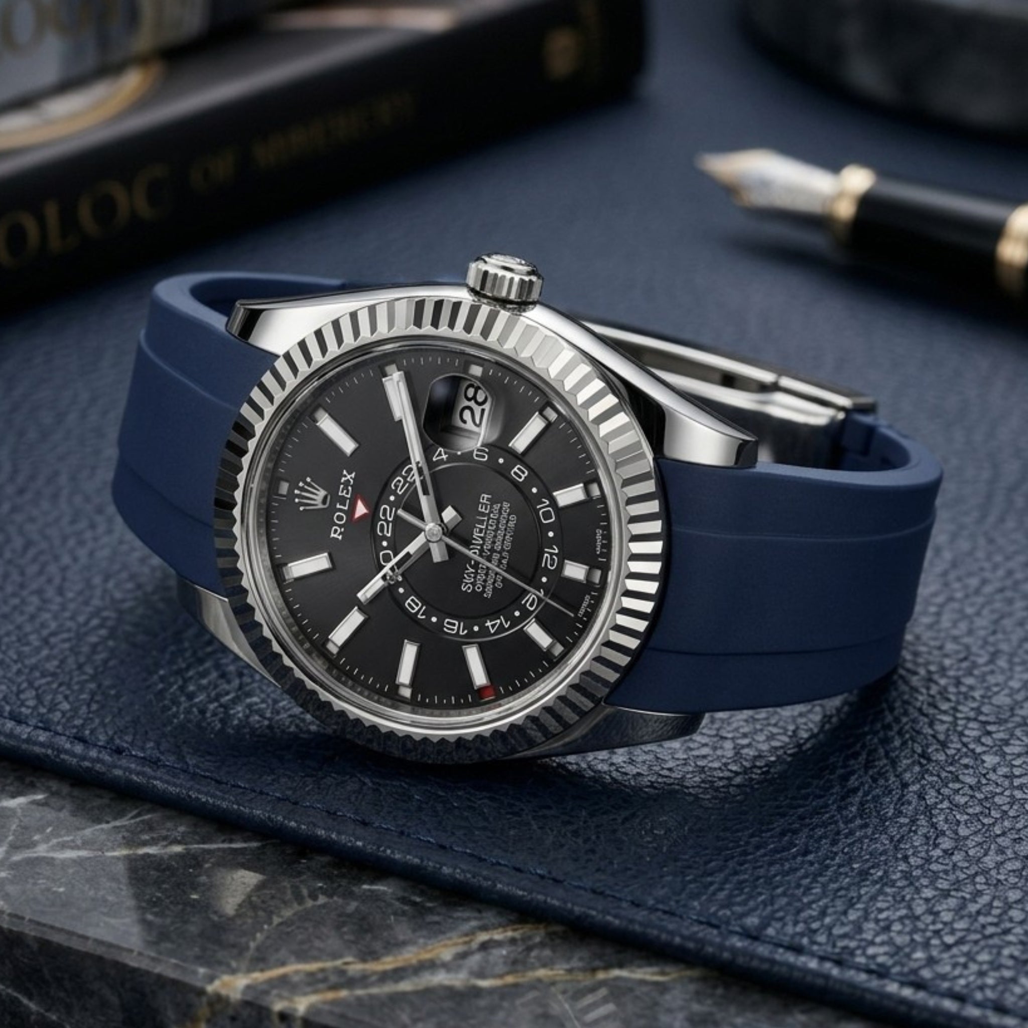 Correa de Caucho con Cierre Desplegable - Para Rolex Sky-Dweller - Azul Marino