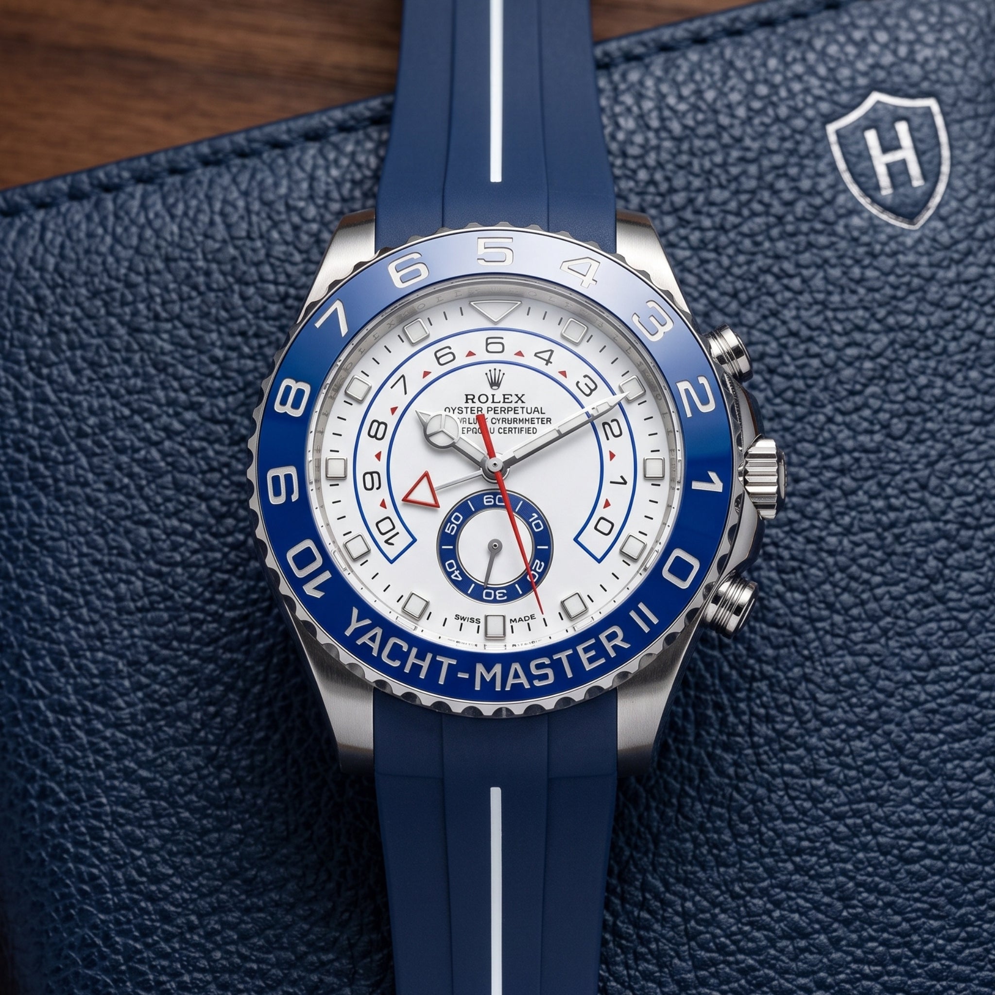 Correa de caucho - Para Rolex Yacht-Master II 44mm - Azul marino con línea blanca | LuxLine®