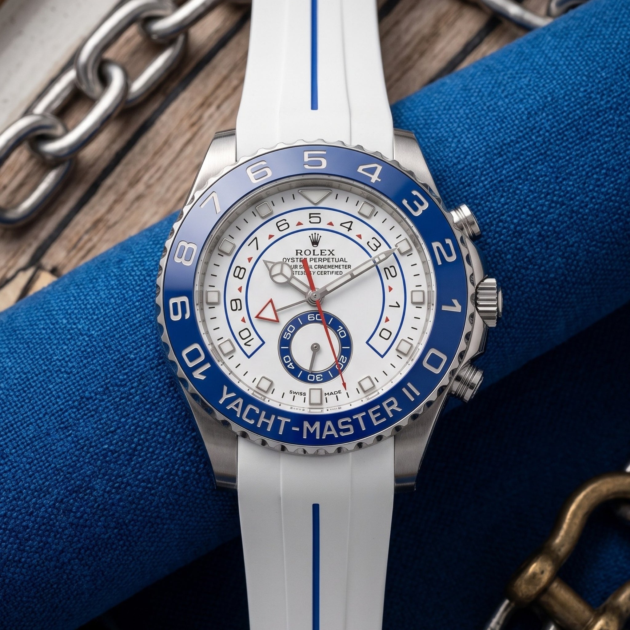 Rubber Strap - For Rolex Yacht-Master II 44mm - White w/Blue Line | LuxLine®