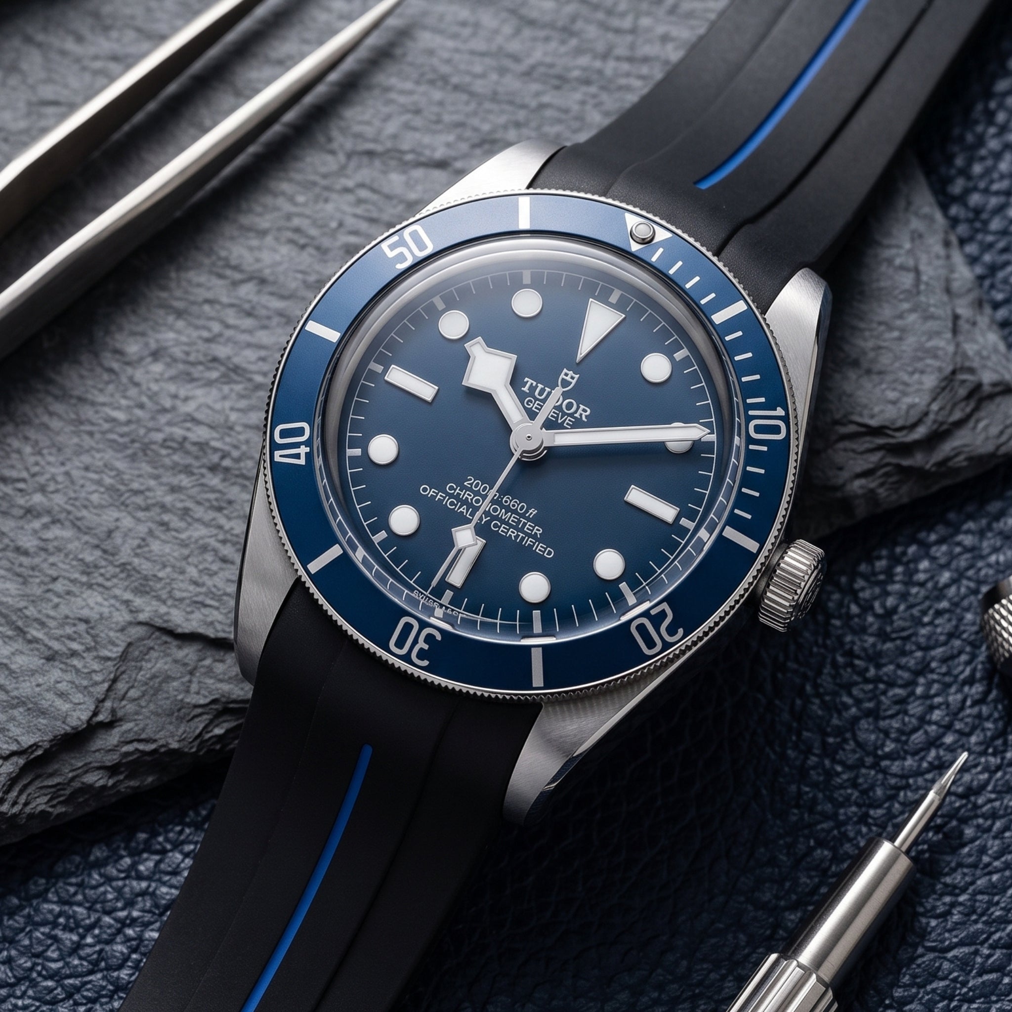 Rubber Strap - For all Tudor Black Bay Models - Black w/Blue Line | LuxLine® - Helvetus