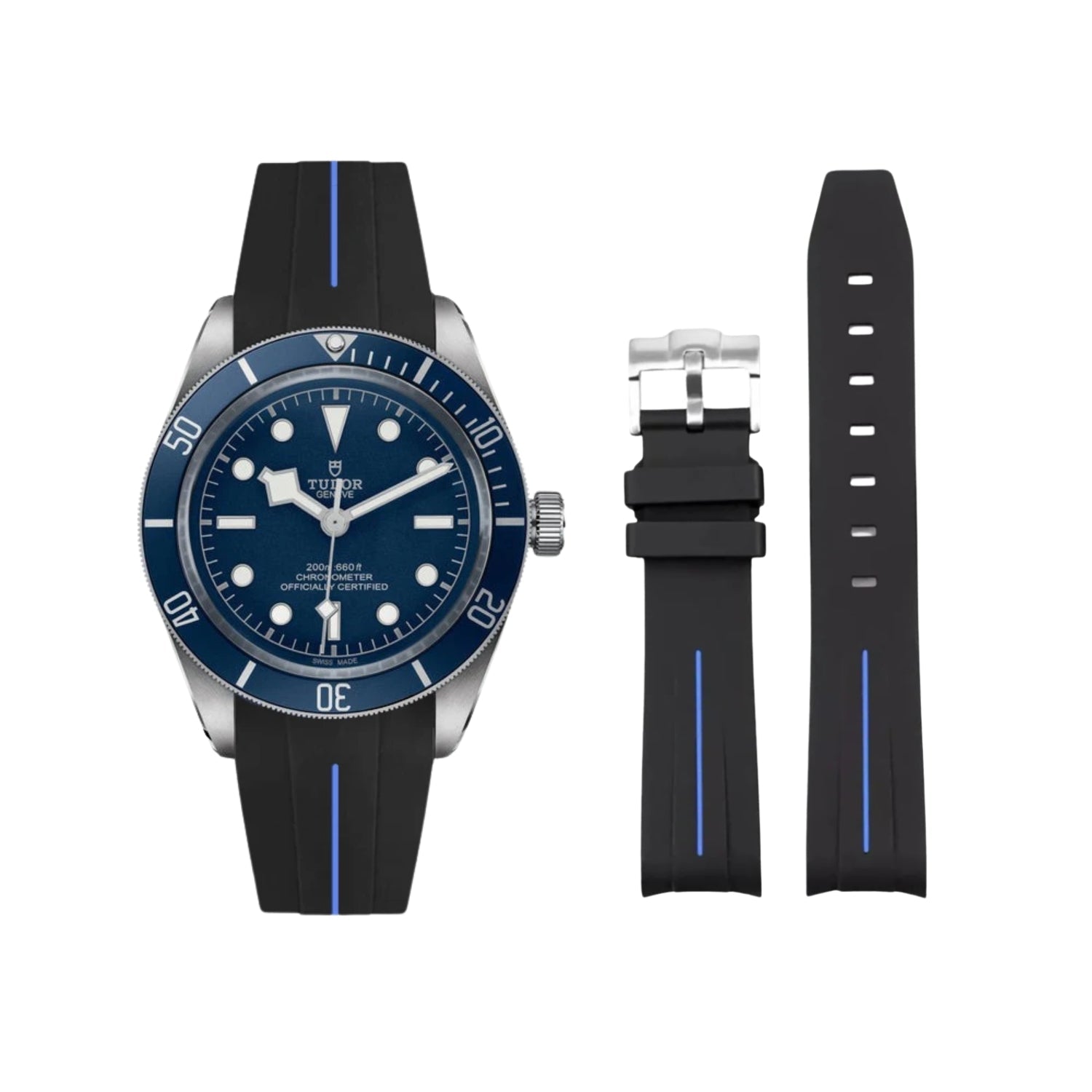 Rubber Strap - For all Tudor Black Bay Models - Black w/Blue Line | LuxLine® - Helvetus