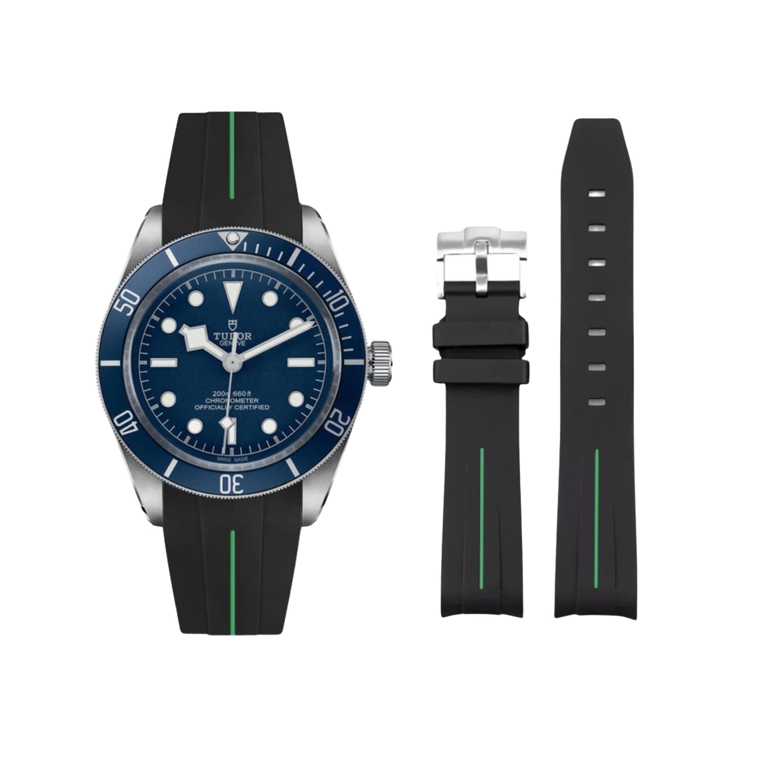 Rubber Strap - For all Tudor Black Bay Models - Black w/Green Line | LuxLine® - Helvetus