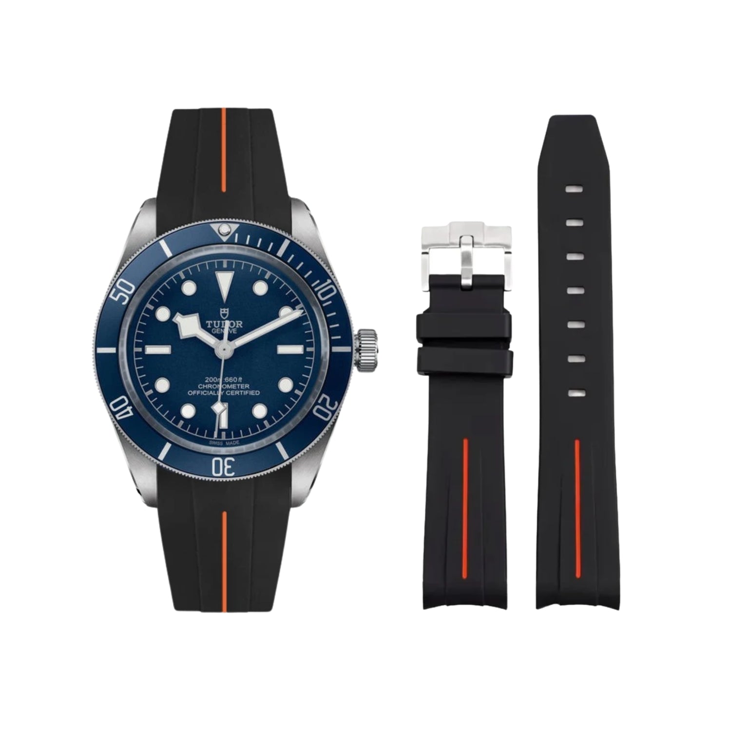 Rubber Strap - For all Tudor Black Bay Models - Black w/Orange Line | LuxLine® - Helvetus