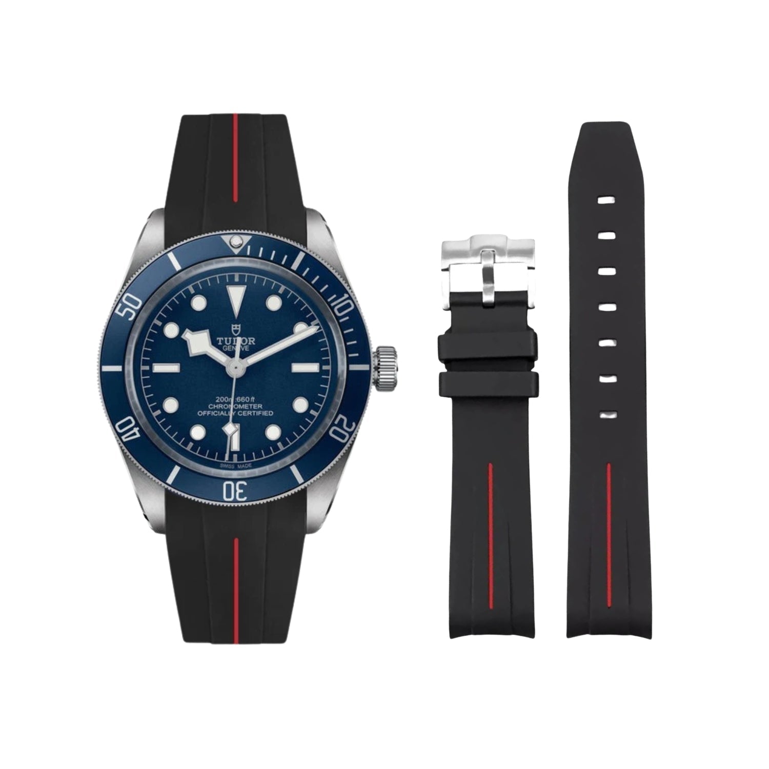 Rubber Strap - For all Tudor Black Bay Models - Black w/Red Line | LuxLine® - Helvetus