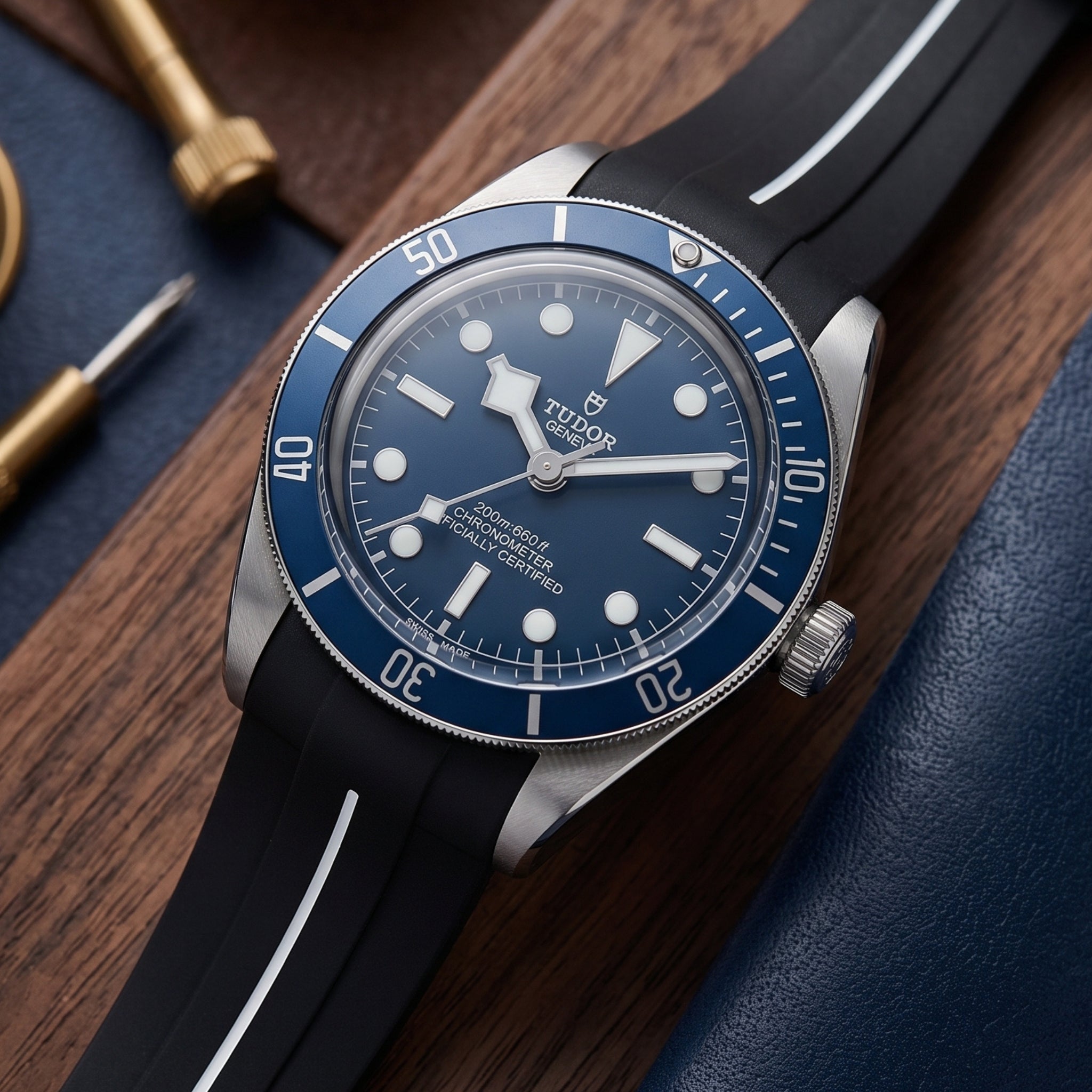 Rubber Strap - For all Tudor Black Bay Models - Black w/White Line | LuxLine® - Helvetus