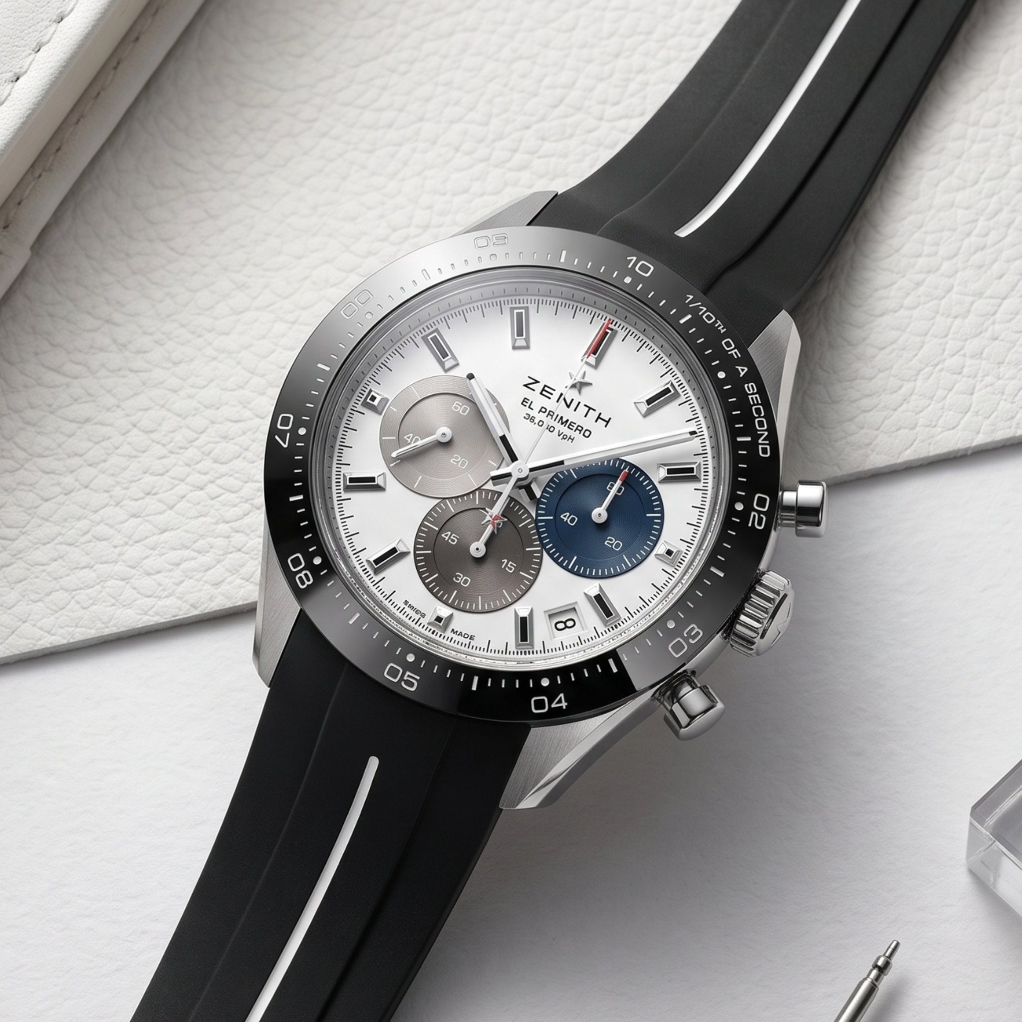 Rubber Strap - For all Zenith Chronomaster Models - Black w/White Line | LuxLine® - Helvetus