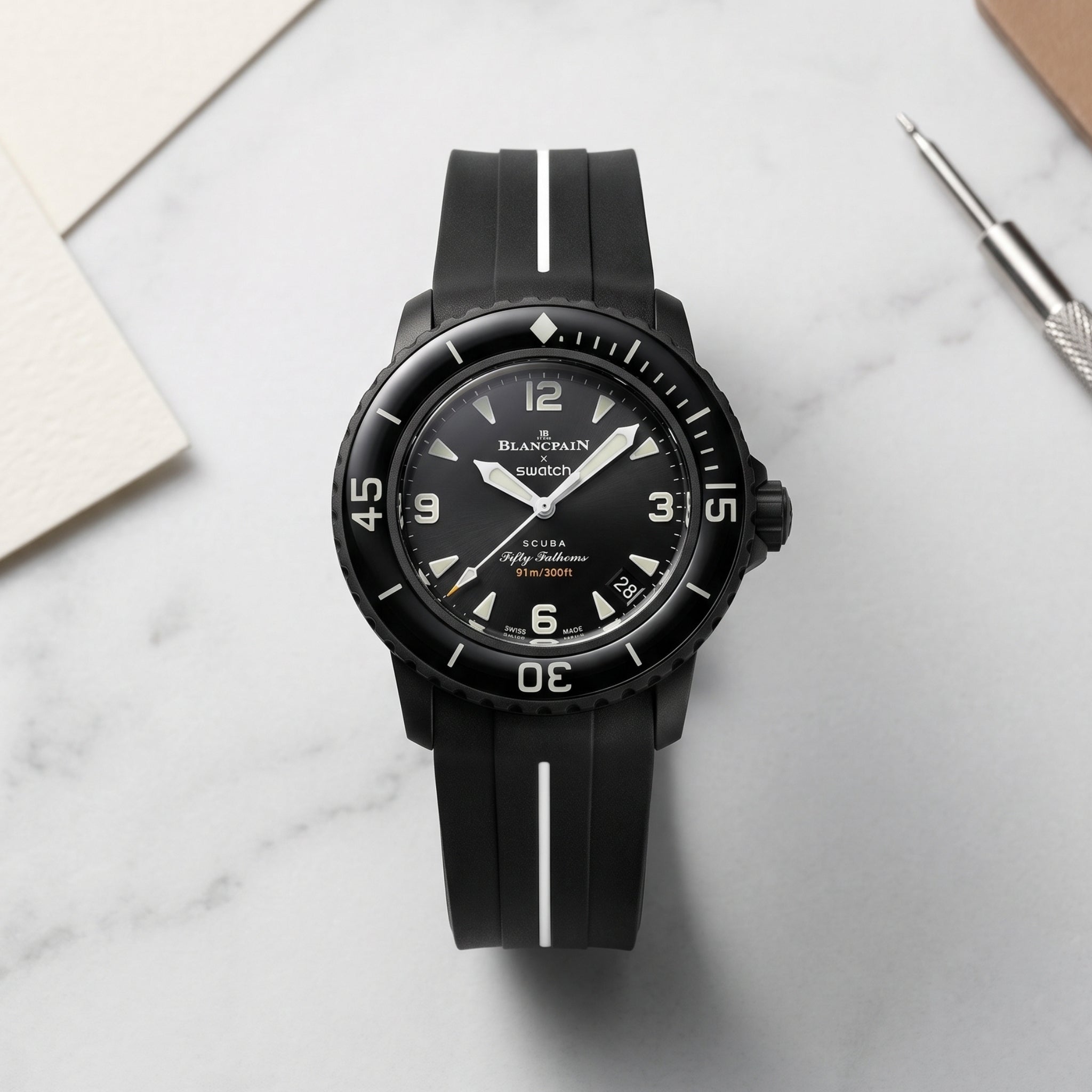 Rubber Strap - For Blancpain X Swatch - Ocean Of Storms - Black w/White Line | LuxLine® - Helvetus