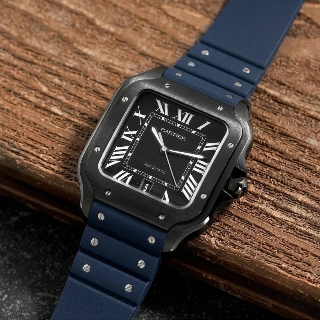 Rubber Strap - For Cartier Santos Medium/Large - Navy Blue with Screws - Quick Release/Switch - Helvetus