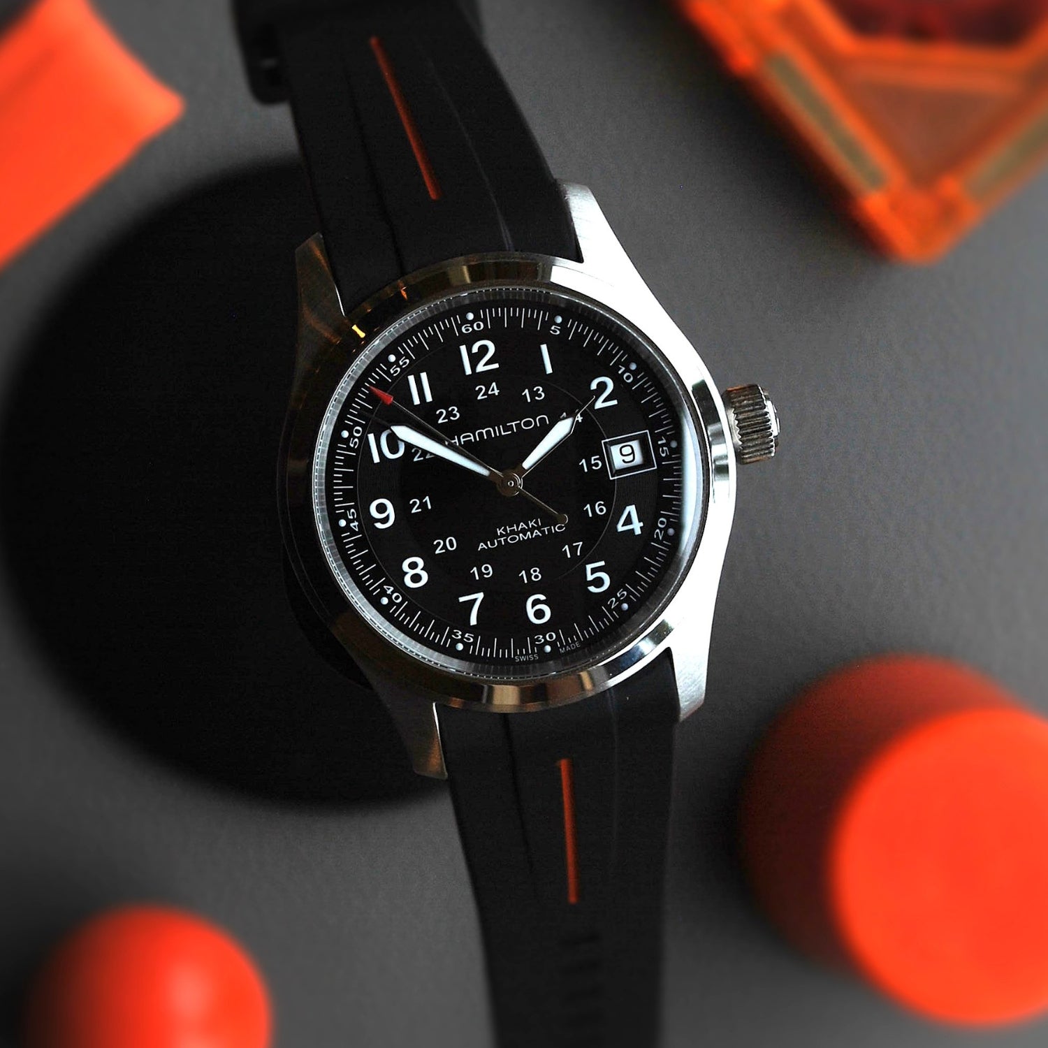 Rubber Strap – For Hamilton Khaki Field (38mm/40mm/42mm) - Black with Orange LuxLine® - Helvetus