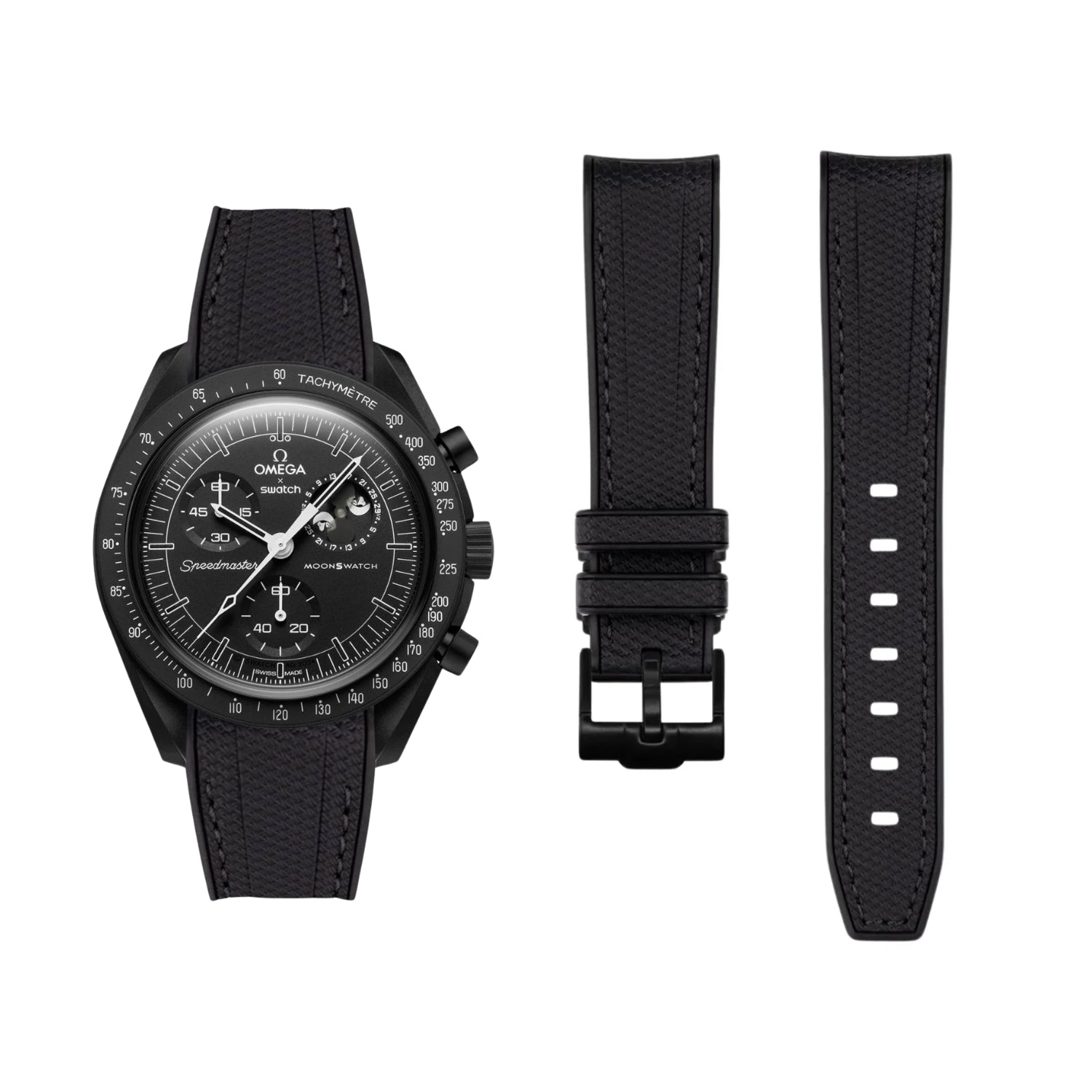 Rubber Strap - For Mission to the Moonphase - New Moon | Omega X Swatch | MoonSwatch - Black w/Black - Helvetus