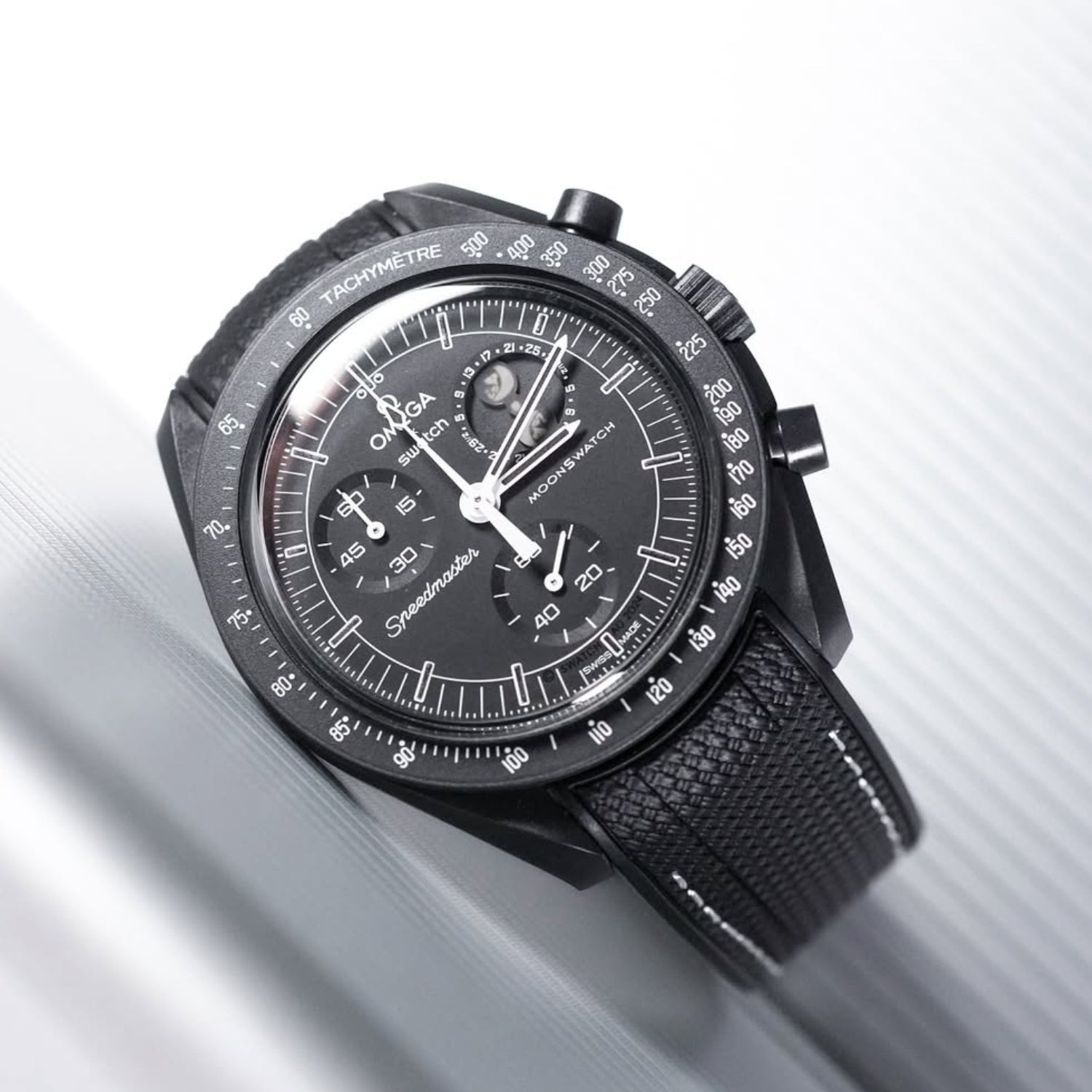 Rubber Strap - For Mission to the Moonphase - New Moon | Omega X Swatch | MoonSwatch - Black w/White - Helvetus