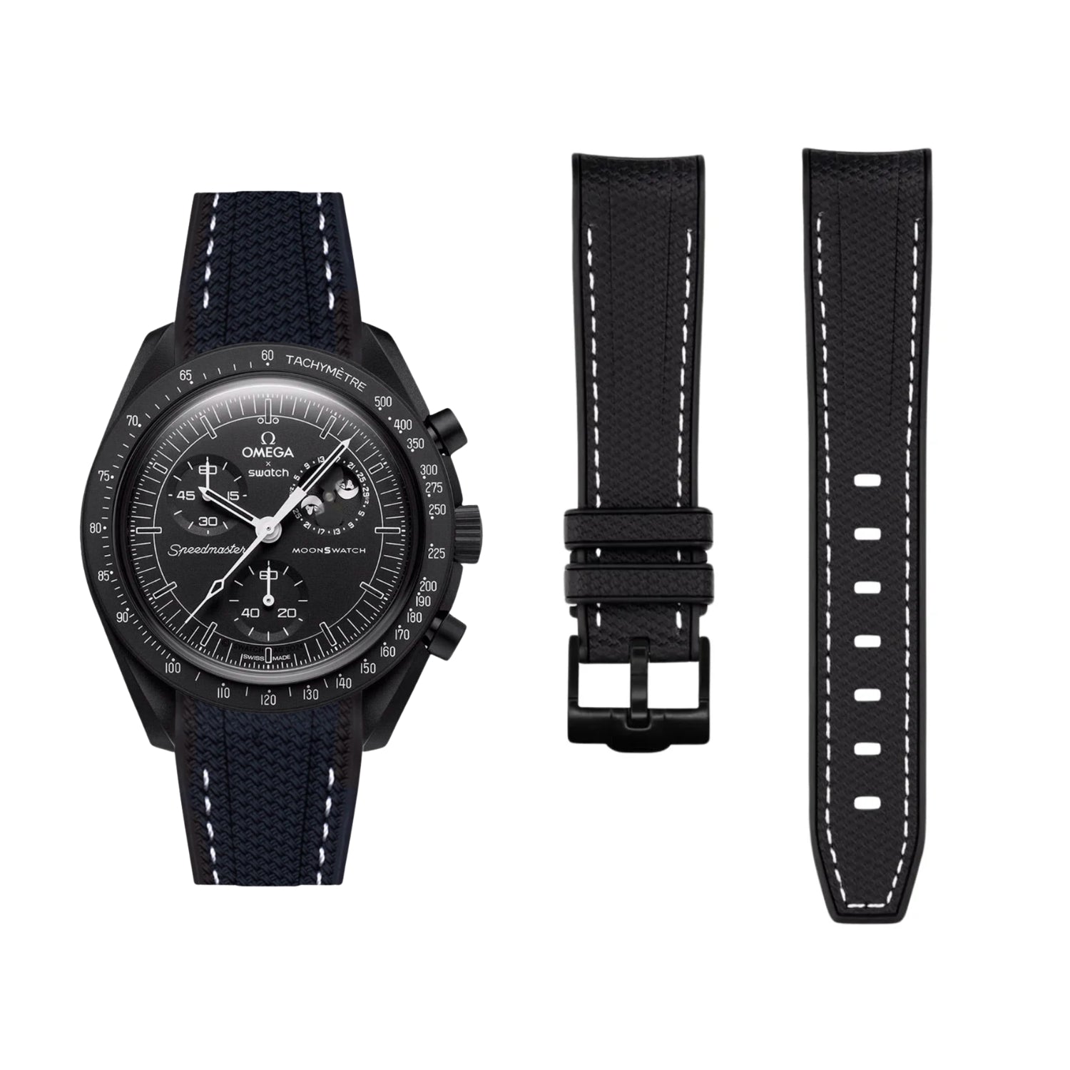 Rubber Strap - For Mission to the Moonphase - New Moon | Omega X Swatch | MoonSwatch - Black w/White - Helvetus