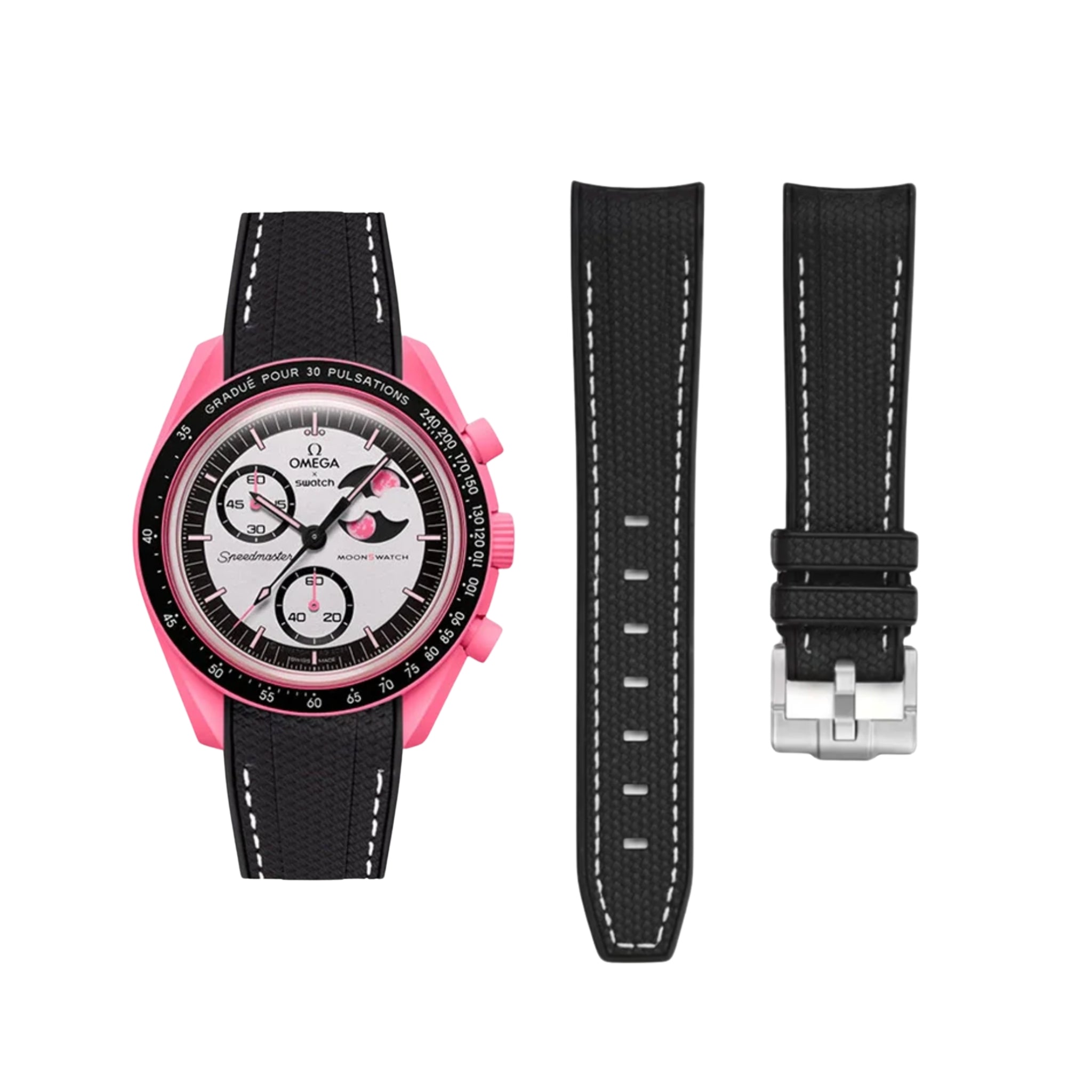 Rubber Strap - For Mission to The Pink Moonphase - Black/White - Helvetus